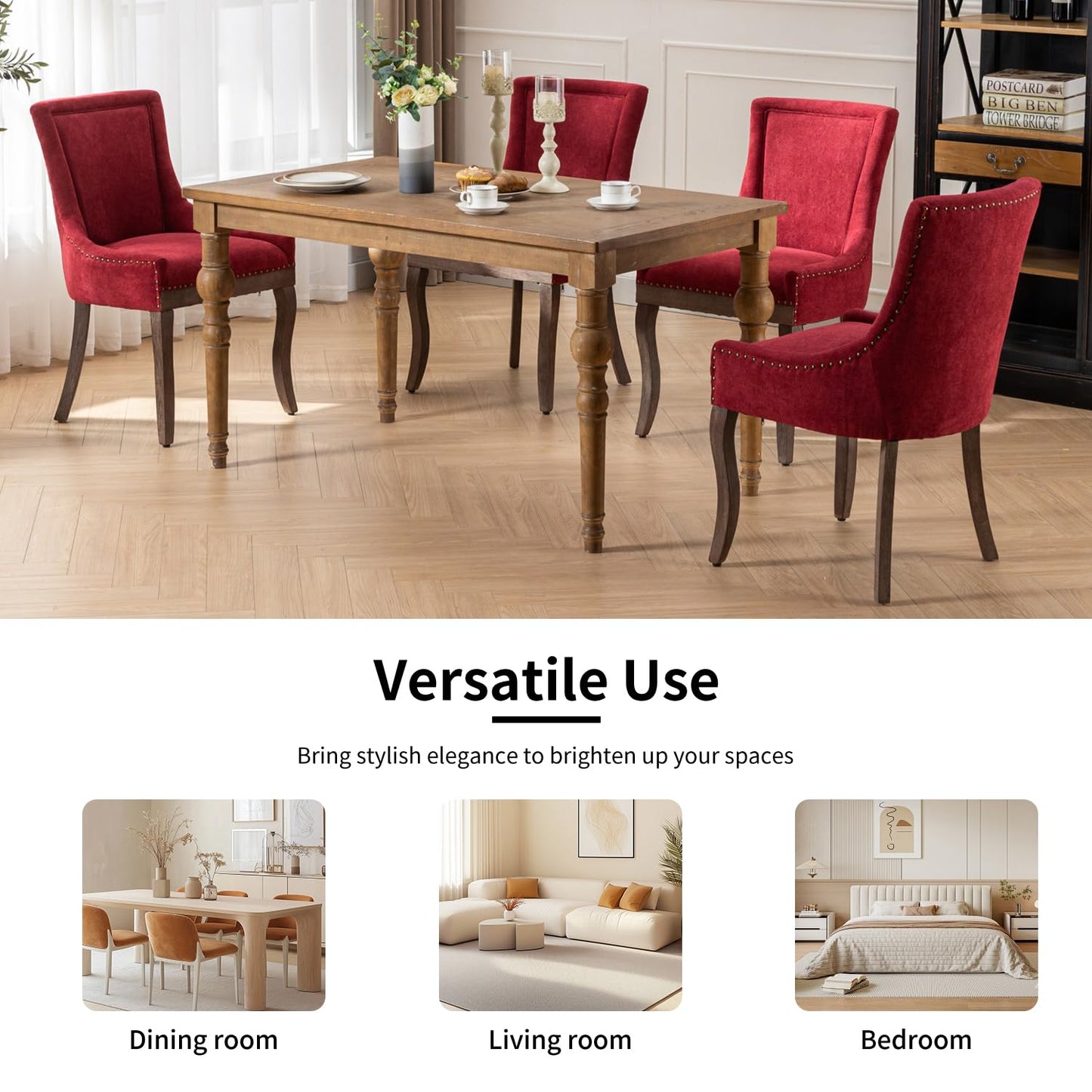 Yayzy Modern Dining Chairs Set of 4, Upholstered Fabric High Back Dining Chairs with Nailhead Trim & Solid Wood Legs for Dining Room & Kitchen, Wine Red