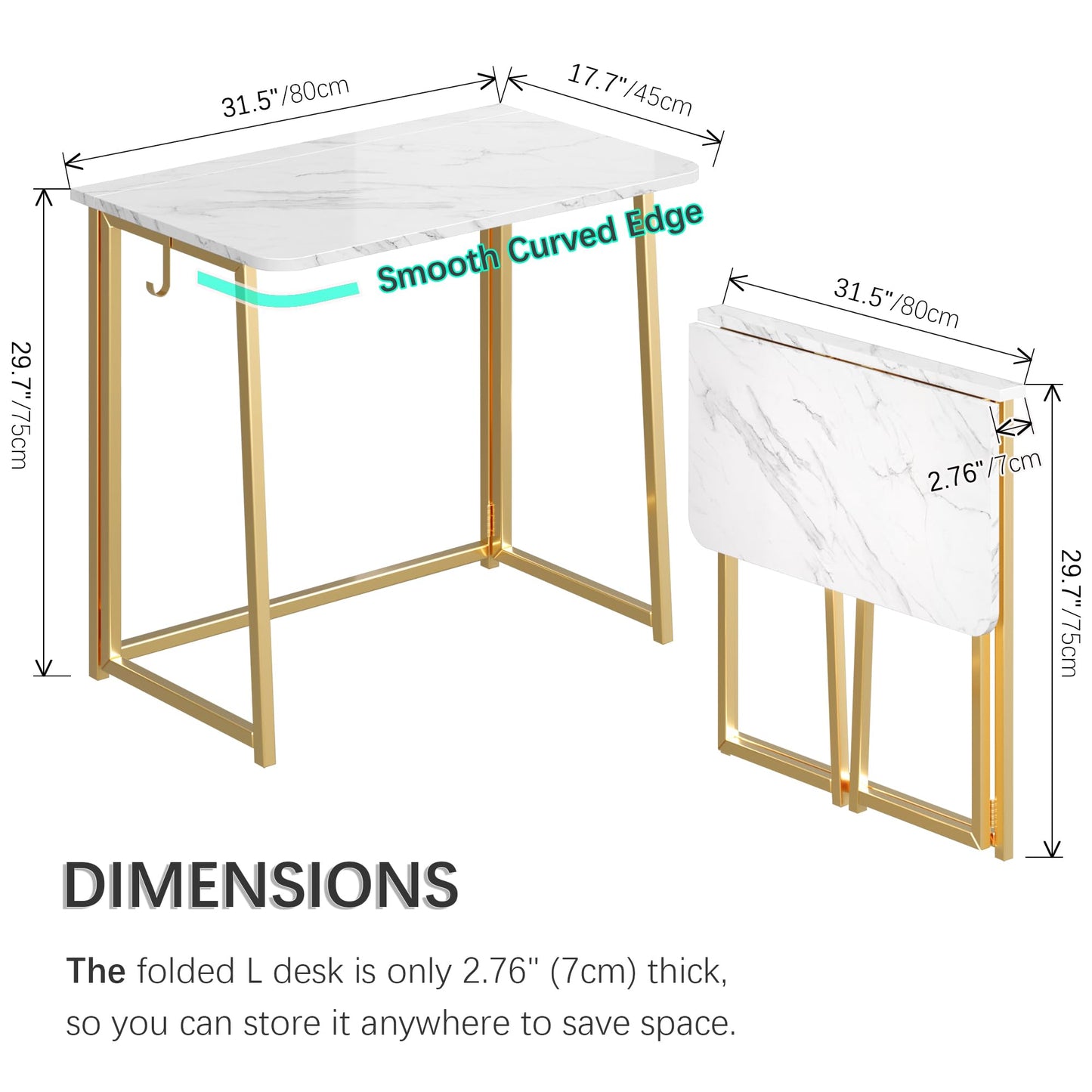 4NM 31.5" Small Folding Desk, Simple Assembly Computer Desk Home Office Desk Study Writing Table for Small Space Offices - White and Golden