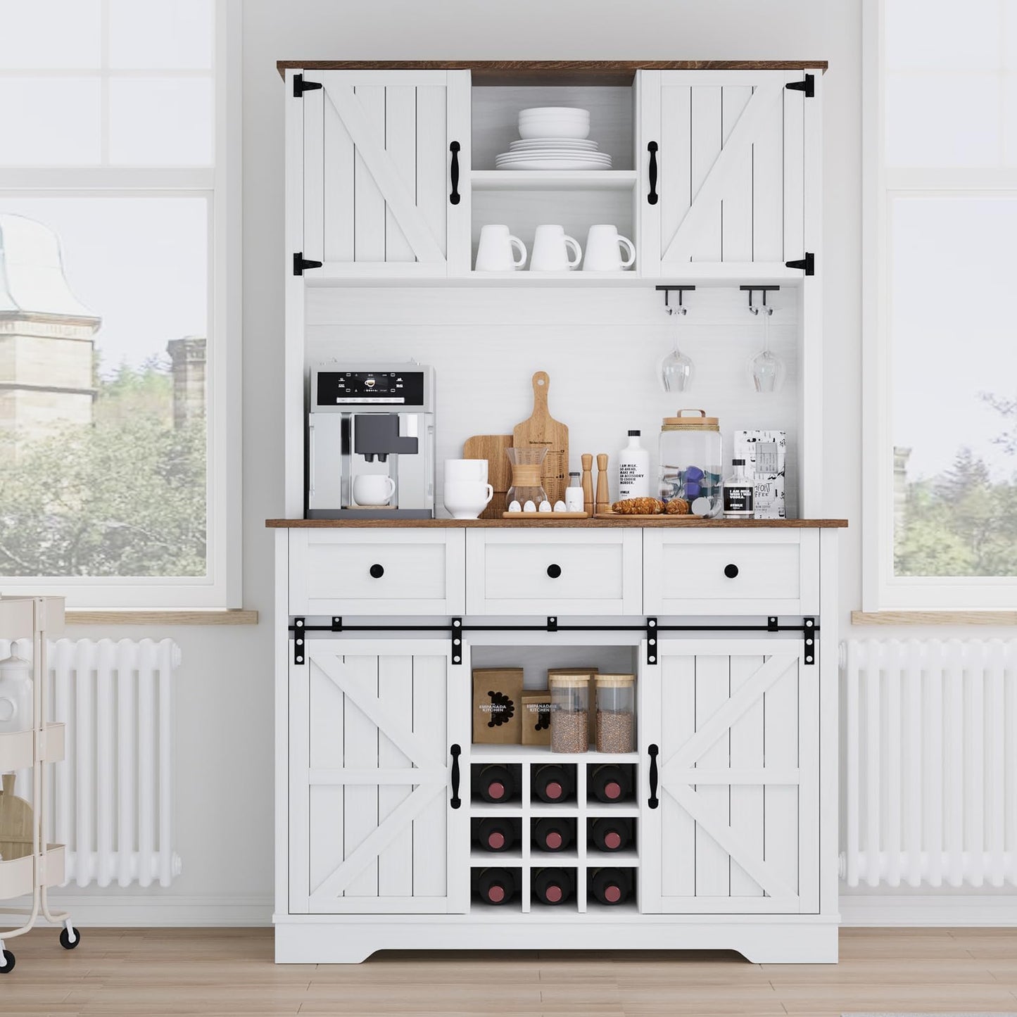 72" Farmhosue Coffee Bar Cabinet with Storage Shelves and 3 Drawers, Kitchen Hutch Storage Cabinet with Sliding Barn Door & Wine Racks & Wine Glass Holder, Bar Cabinets for Home/Living Room, White