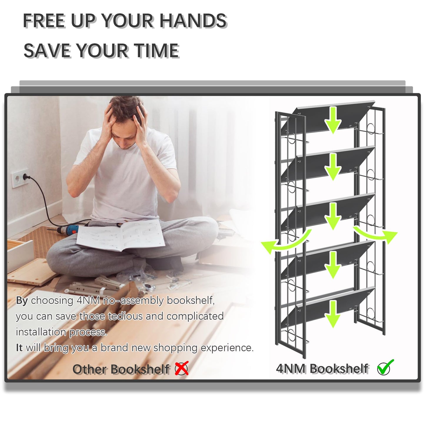 4NM No-Assembly 5 Tiers Folding Bookshelf Storage Shelves Vintage Bookcase Standing Racks Study Organizer Home Office - All Black