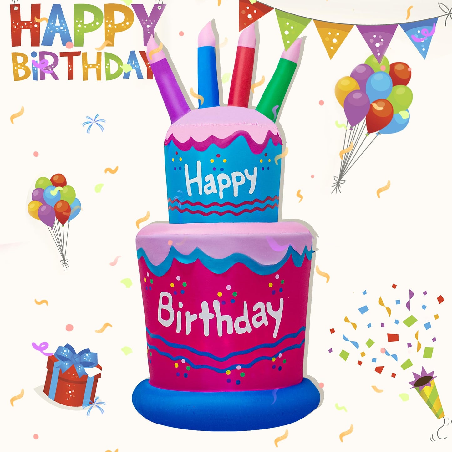 6FT Inflatable Birthday Cake Decoration,Birthday Blow up Cake Outdoor Decor with LED Lights,Light-up Happy Birthday Sign for Yard Lawn, Inflatable Outdoor Holiday Yard Decoration(Blue & Pink)