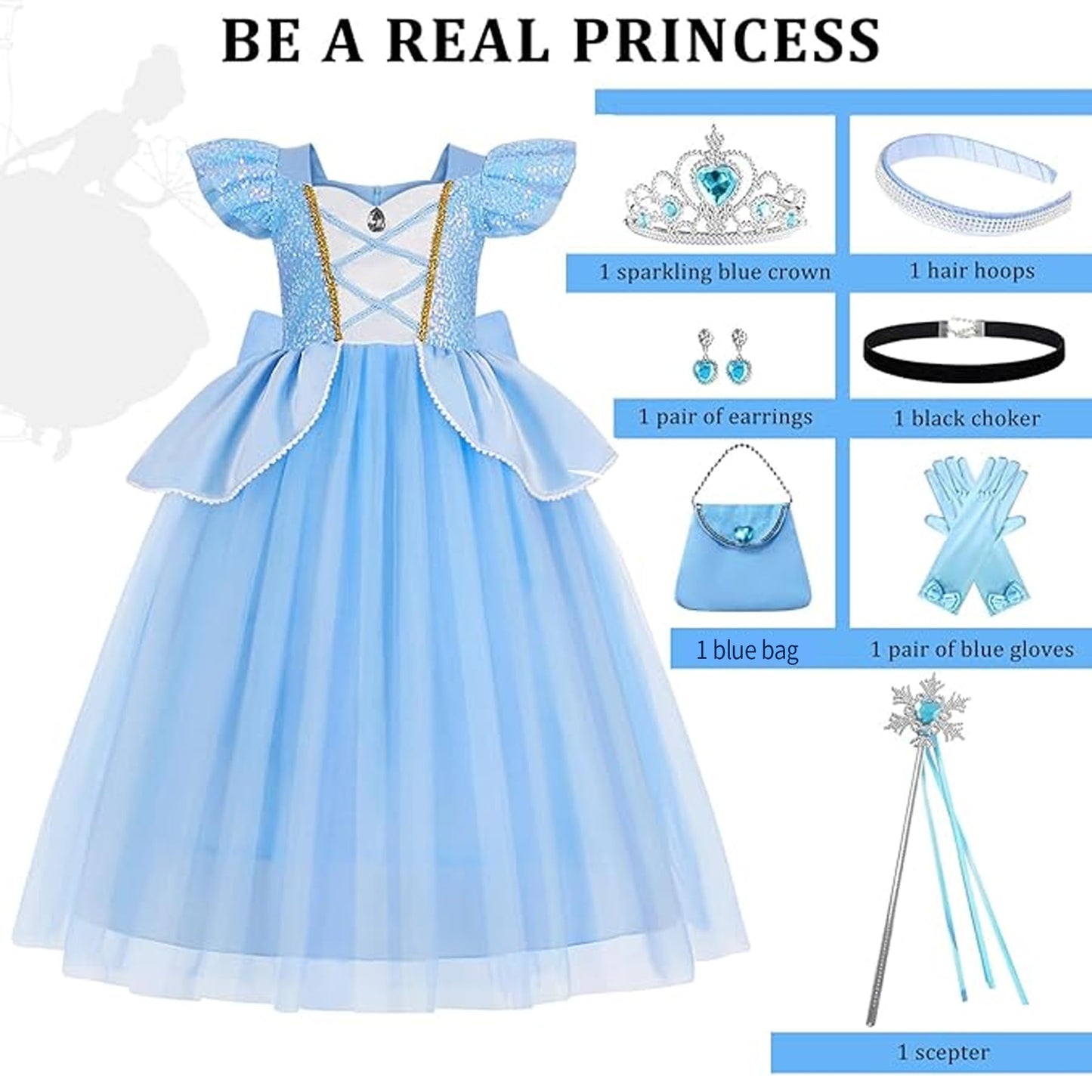 WYB Girls Princess Costume Dresses Blue Princess Dress Up Clothes with Accessories for Halloween Cosplay Carnival Party (5-6 years)