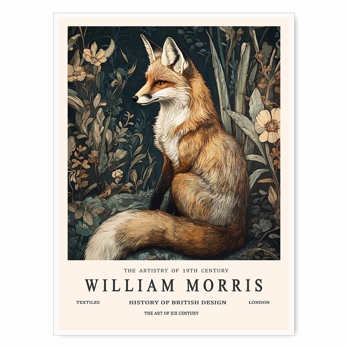 William Morris Style Fox Canvas Print Victorian Animal Portrait Wall Art Botanical Dark Nature Poster for Study Living Room or Rustic Home Decor-11x14Inch Ready to Hang (Unframed)