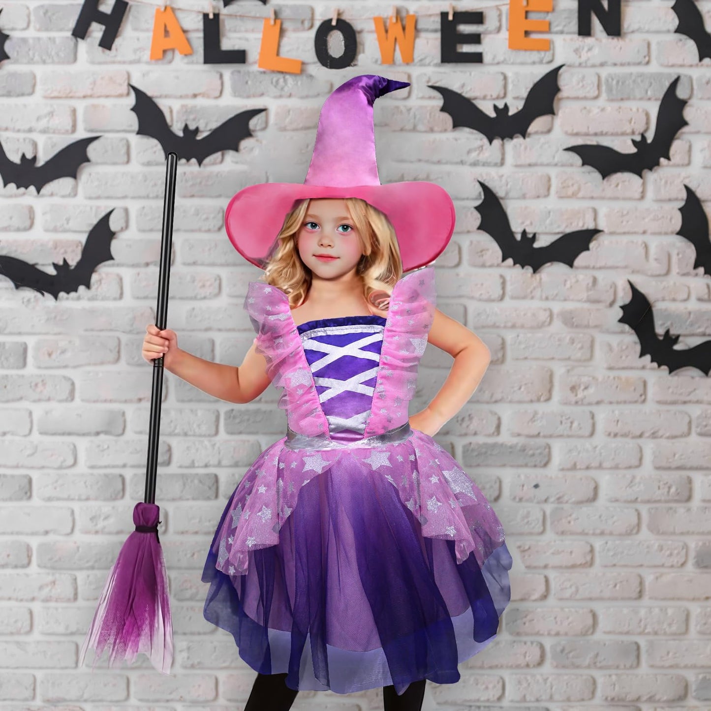 XXLOG Witch Costume for Girls Princess Dress with Hat and Wand Party Halloween Costumes for Kids S