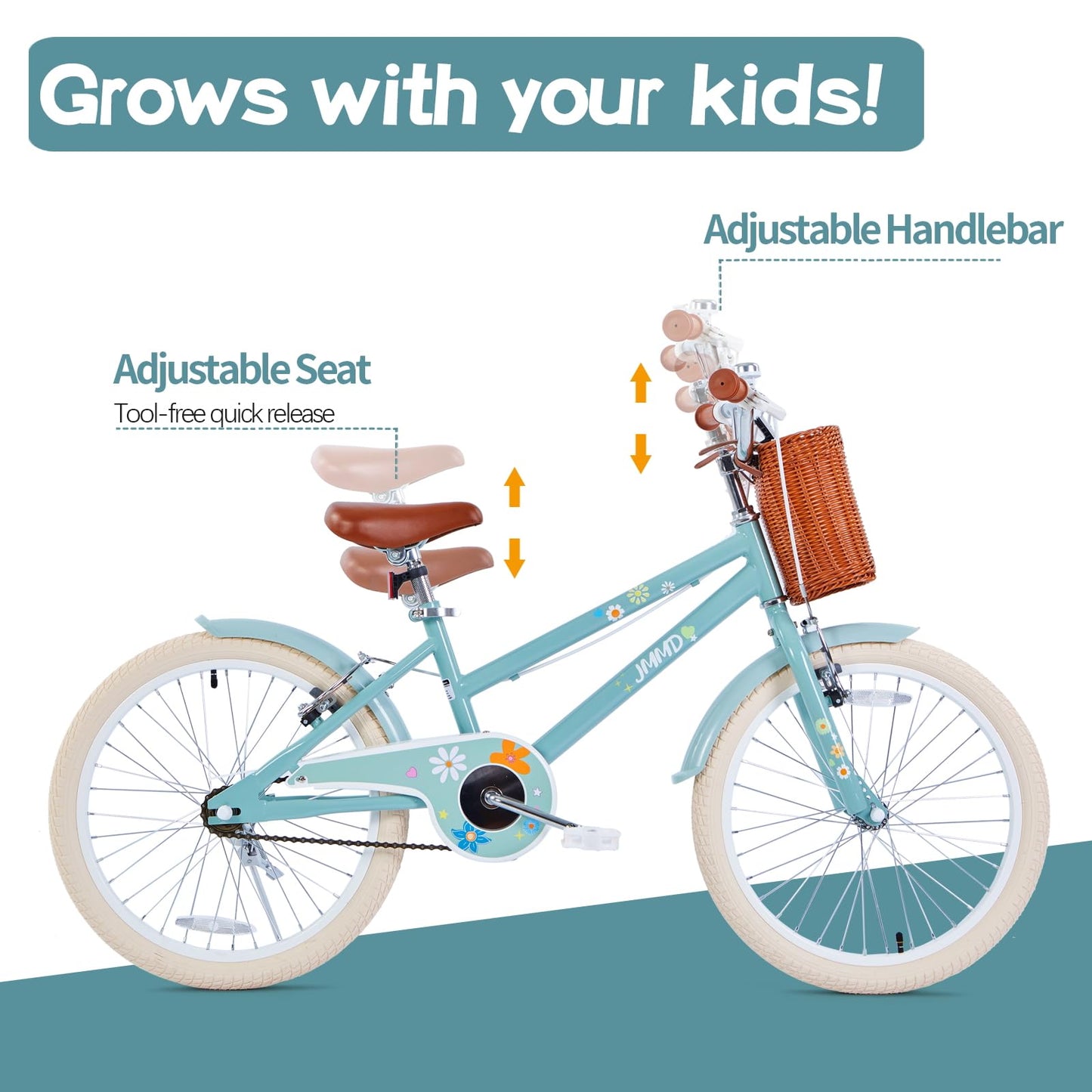 JMMD Girls Bike for 4-12 Years Old Kids, 12 14 16 18 20 24 Kids Bike with Training Wheels, Basket and Doll Seat, Toddler Girls Bicycles with Handbrake & Kickstand, Mint