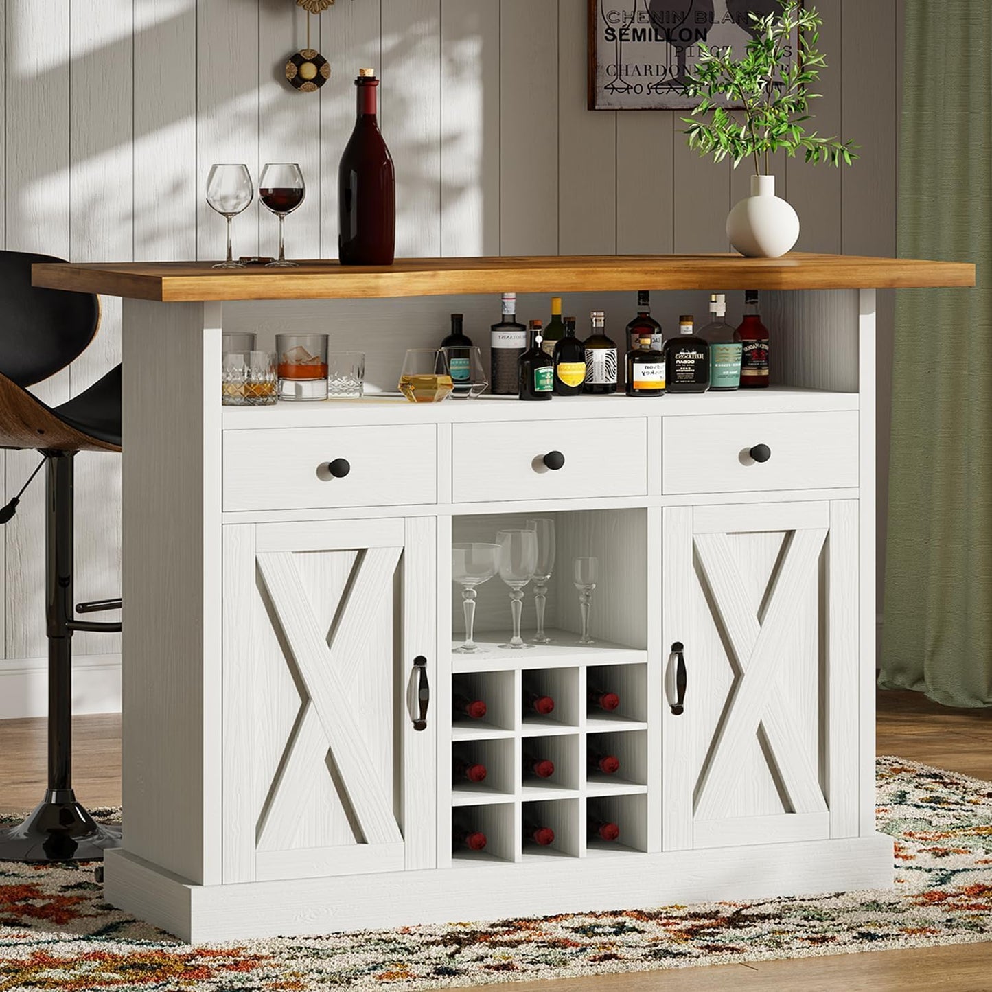 52 Inch Large Home Bar Unit with Foot Rail, 4-Tier Storage Bar Table with 3 Drawers, Farmhouse Wine Bar Cabinet with 9 Wine Rack & 2 Barn Doors, Home Bar Unit with Storage for Living Room, White