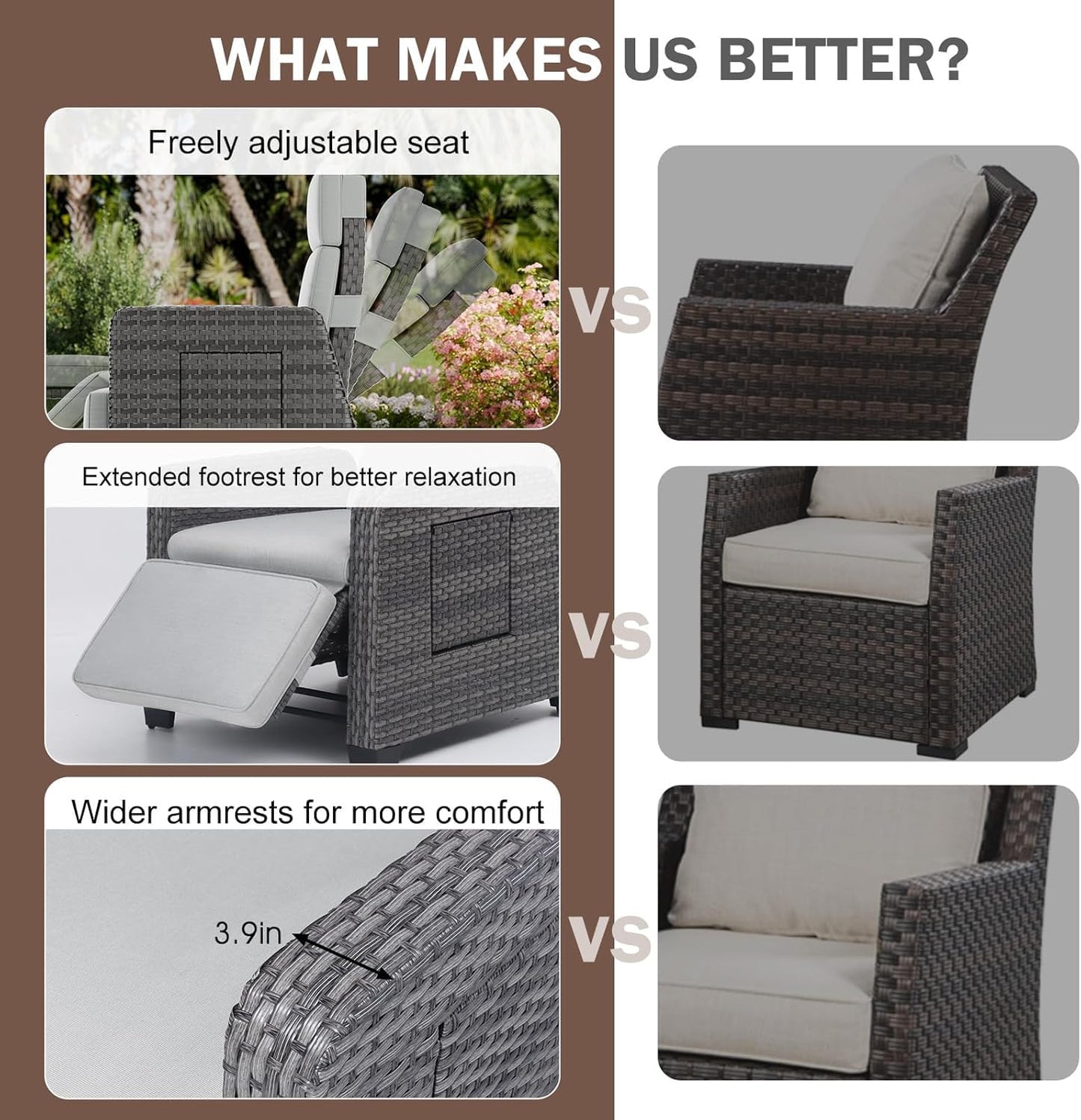 WELYAS Outdoor Recliner Adjustable Wicker Lounge Chairs with Flip Table Extended Patio Reclining Chair & Thick Cushion for Balcony, Porch, Living Room (3 Piece)
