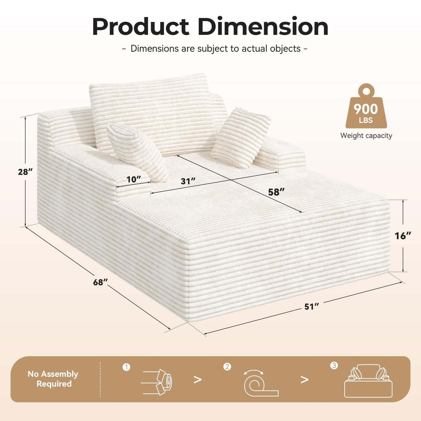 51'' Oversized Chaise Lounge Chair Indoor, Non-Assembly Deep Seat Sofa Bed Corduroy Sleeper Cloud Couch with 2pcs Pillows for Reading Living Room-Beige