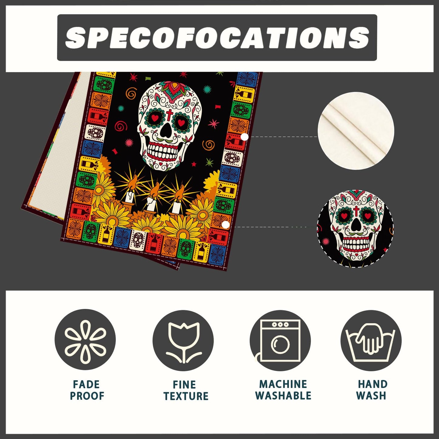 XCHI Sugar Skull Marigolds Floral Dia De Los Muertos Table Runner Candles Day of The Dead Mexican Table Decoration for Home Kitchen Dining Holiday Fiesta Themed Party Decor 13x72 Inch