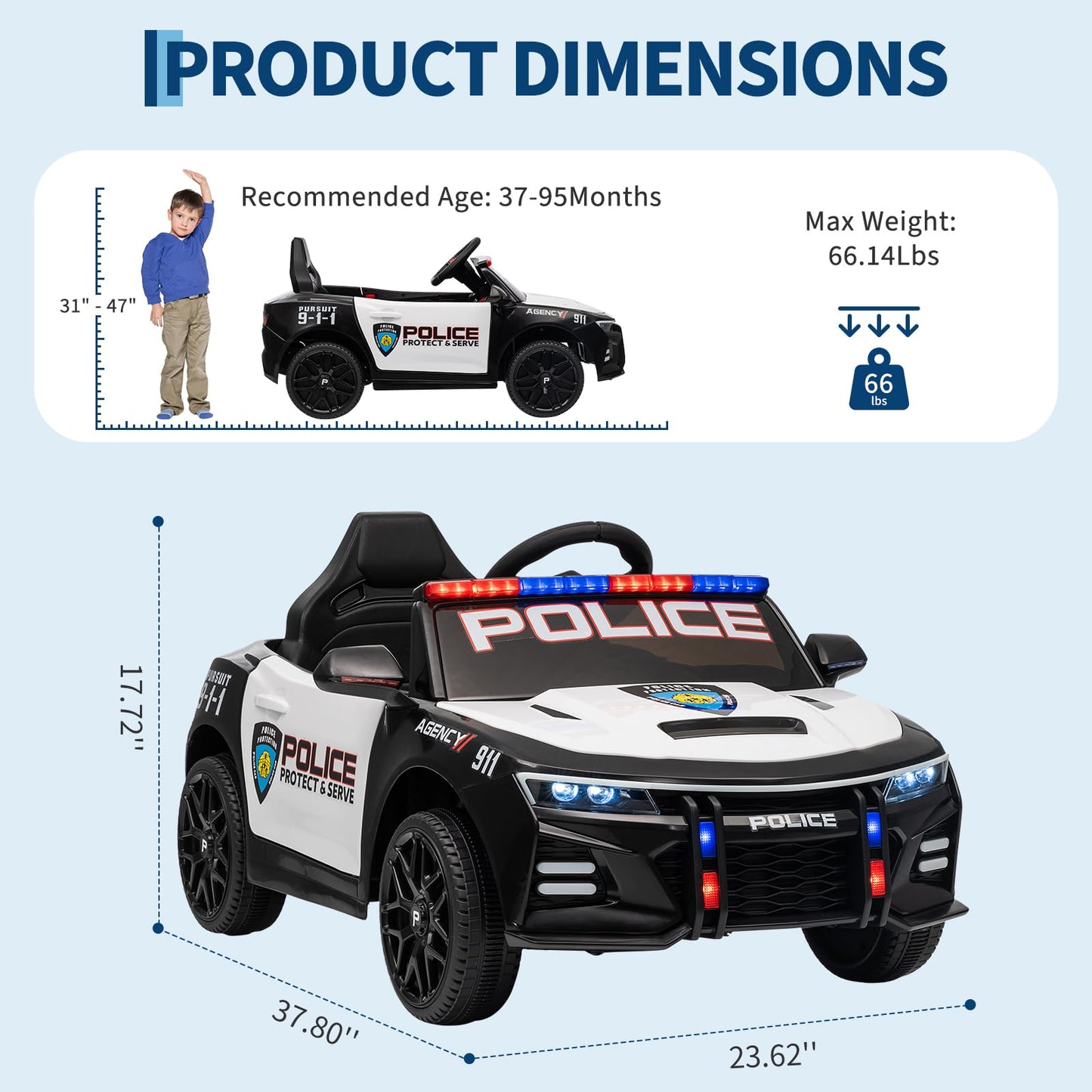 12V Police Car Ride On Car for Kids, Ride on Toy with Remote Control, Emergency Alert Tones, Megaphone, Flashing Lights, Music, Spring Suspension