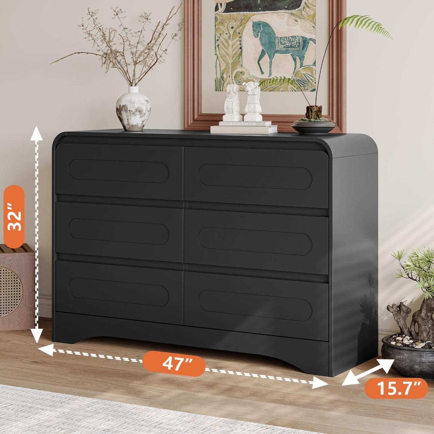 3 Pcs Bedroom Set, Modern Bedroom Furniture Set, Wood 6 Drawer Dresser and 2 Drawer Nightstand Set of 2, Chest of Drawers Wide Storage Organizer Cabinet Set, Black