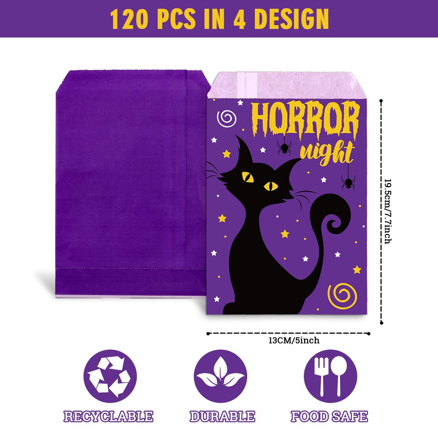 Whaline 120Pack Halloween Treat Bags 4 Designs Cartoon Grimace Pumpkin Cat Ghost Spider Pattern Candy Buffet Bags Trick or Treat Paper Gift Bags for Chocolate Cookies Goodies Halloween Party Favor