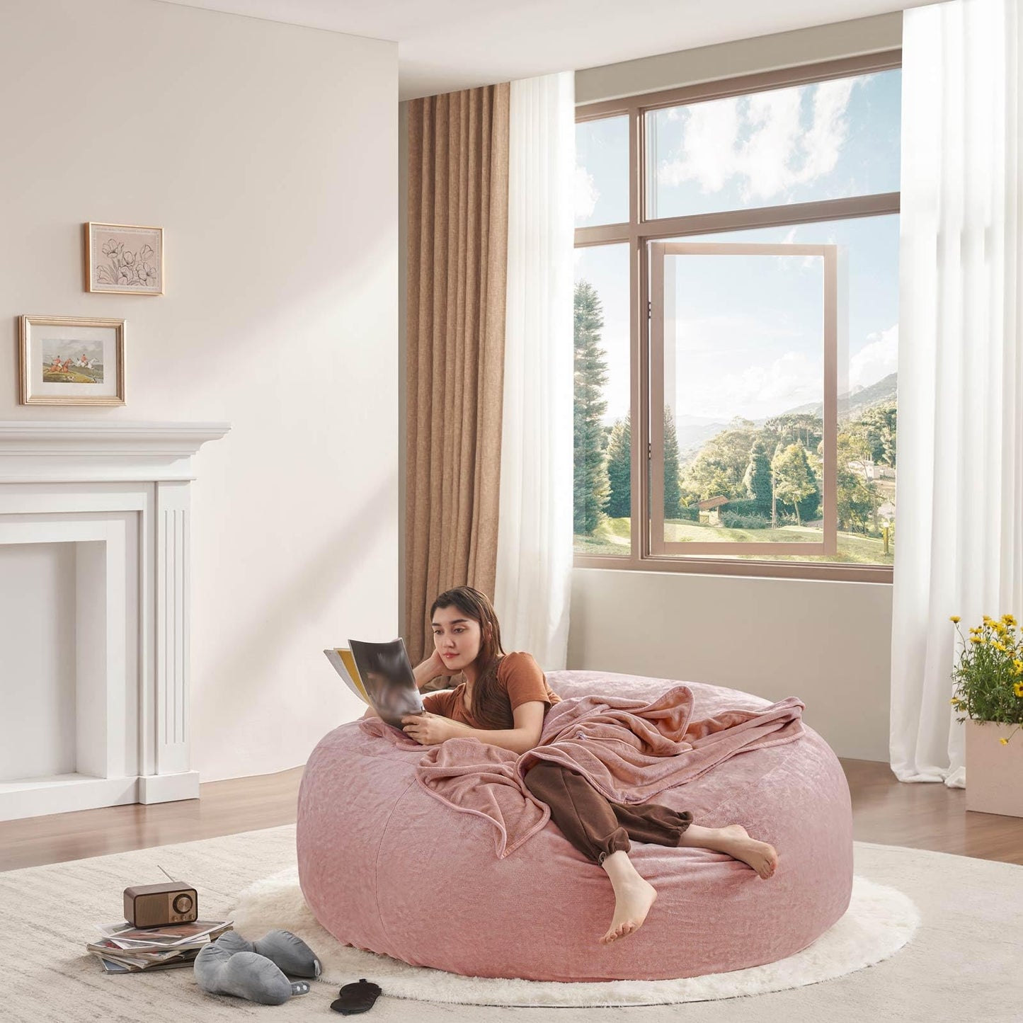 6FT,Big Bean Bag Chairs for Adults,Bean Bag Chair with Filler,Memory Foam Chair,Removable and Washable Flannel Cover, Giant Bean Bag, Suitable for Living Room, Bedroom and Reading(Pink)