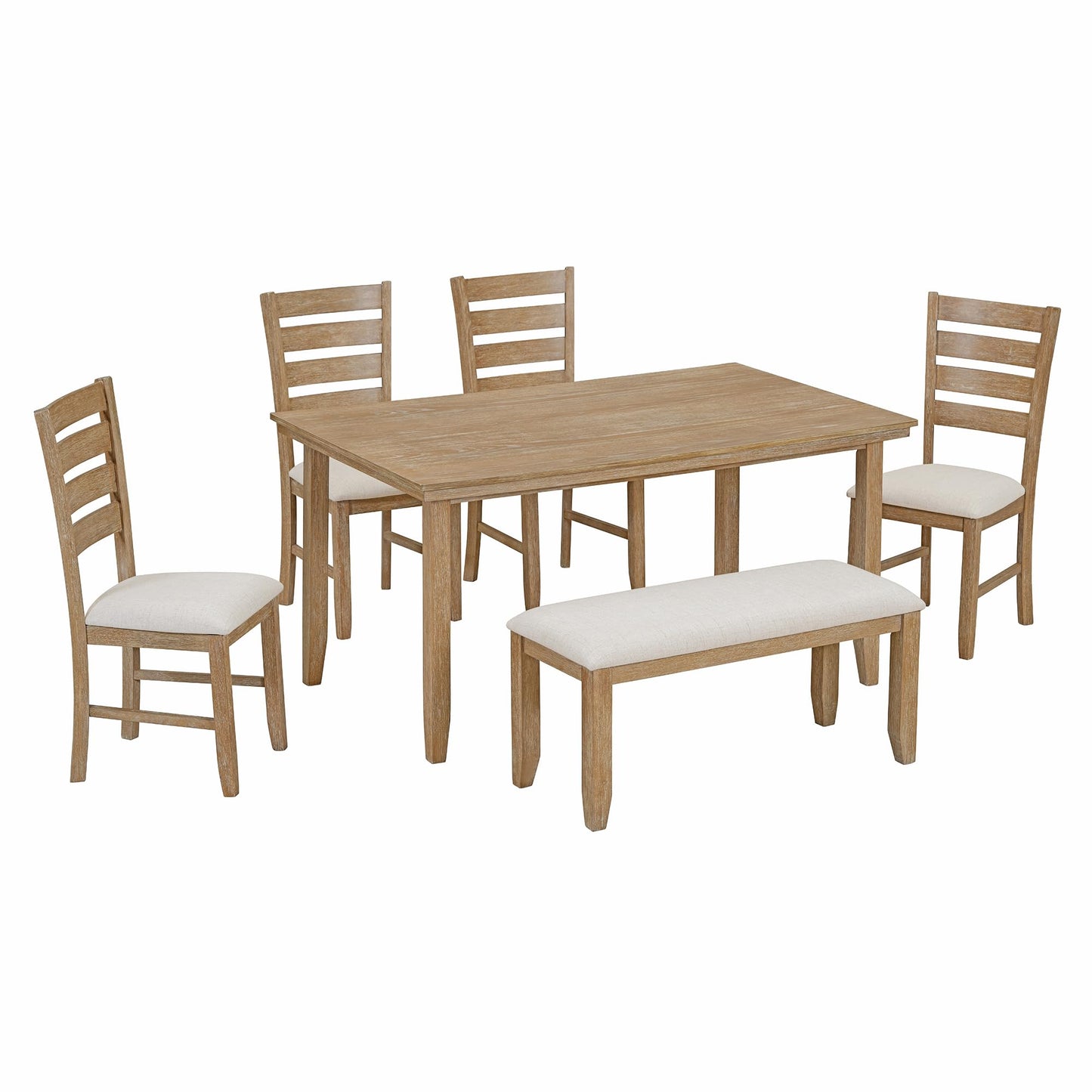 6-Piece Dining Table Set with Bench for 6 Rectangular Kitchen Table Set with 4 Chairs & Bench Retro Dining Room Table and Chairs for Kitchen, Dining Room (Natural)
