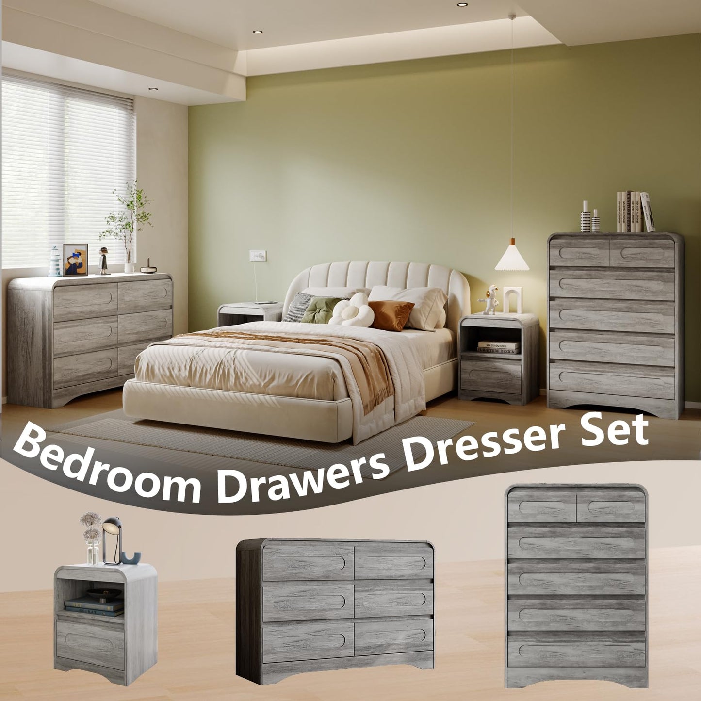 3 Pcs Bedroom Set, Modern Bedroom Furniture Set, Wood 6 Drawer Dresser and 2 Drawer Nightstand Set of 2, Chest of Drawers Wide Storage Organizer Cabinet Set, Grey