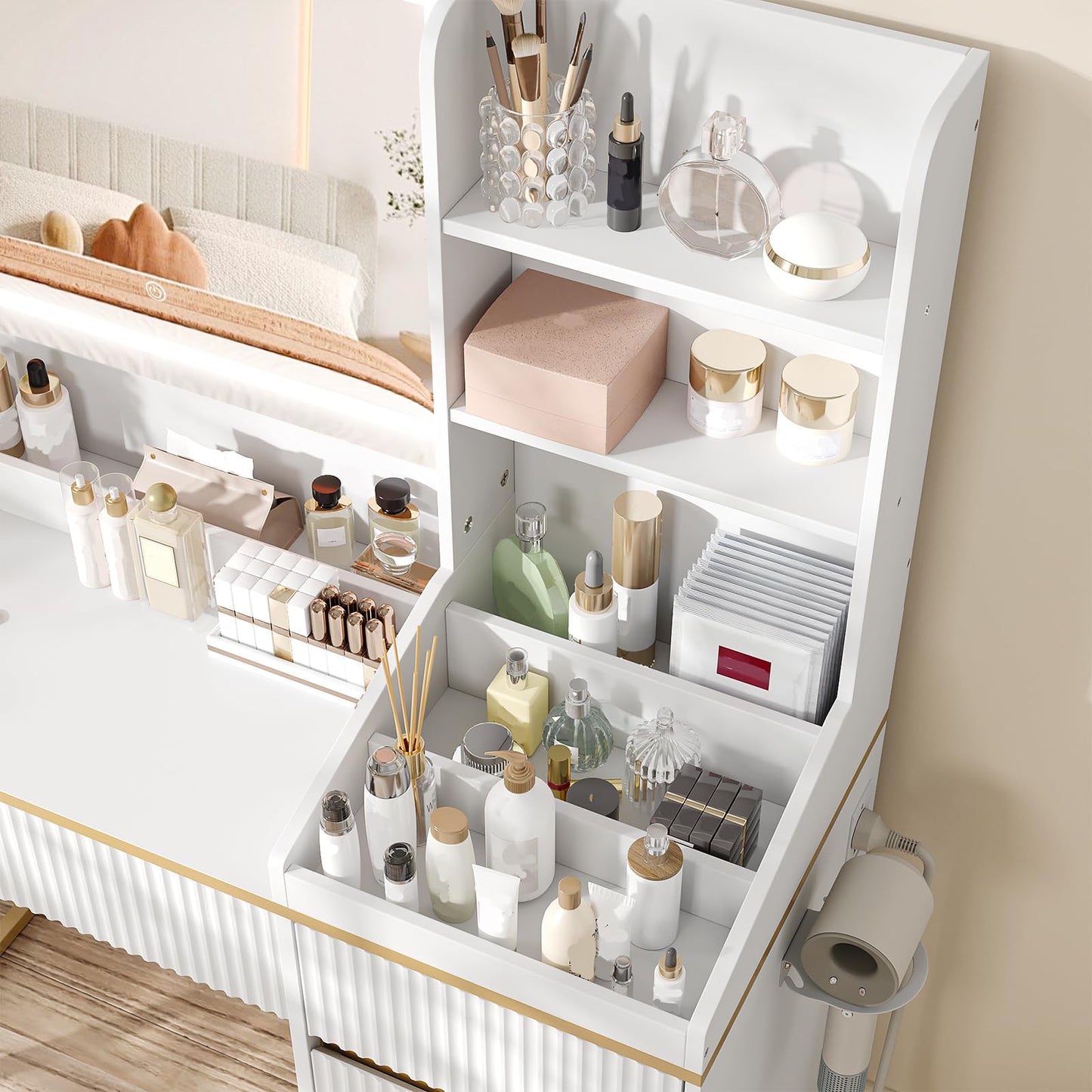 White and Gold Vanity Desk with Mirror and Lights Makeup Vanity with 5 Drawers and Charging Station, Vanity Table for Bedroom