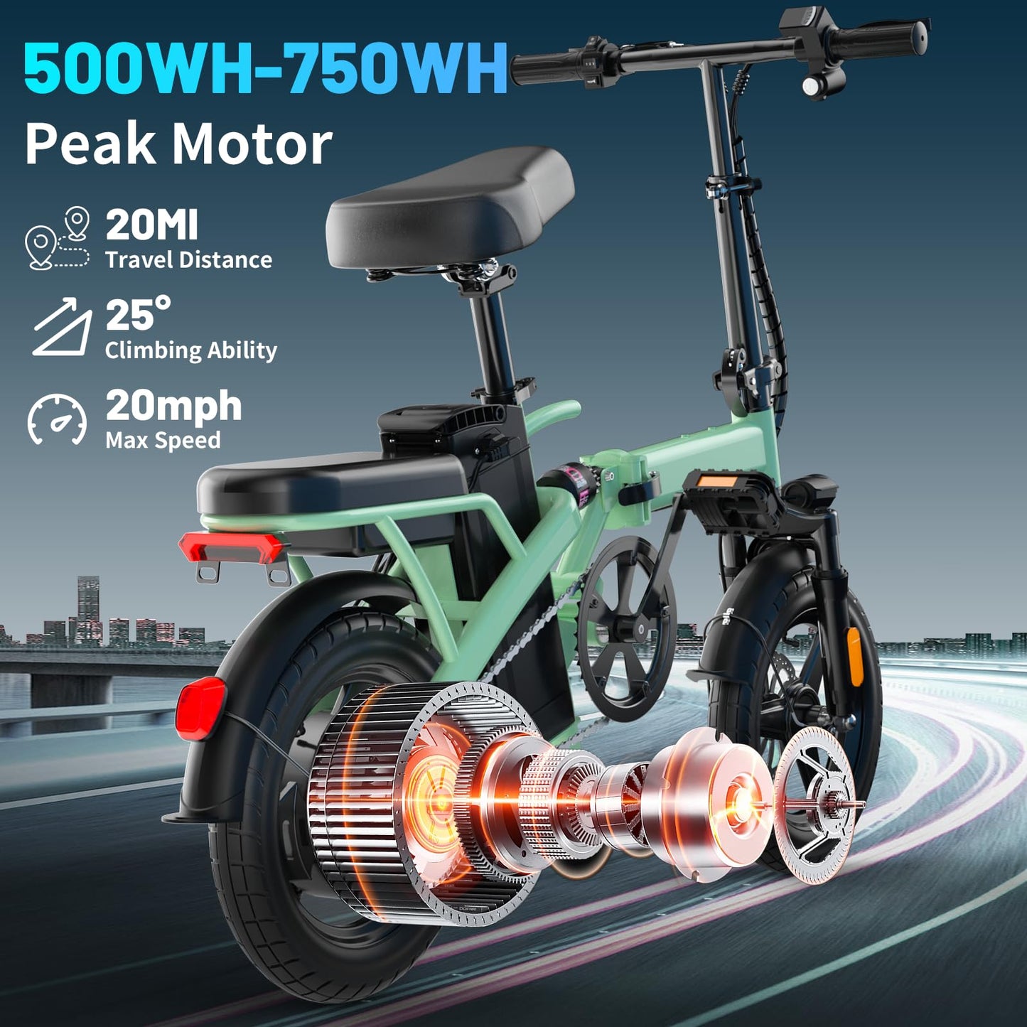 REOCRO Foldable Electric Bike for Adults, 14" Folding E-Bike with 500W Motor, Electric Bicycle with 48V Removable Battery UL 2849 Certified, Electric Commuter Bikes with 25 Miles PAS Range (Green)