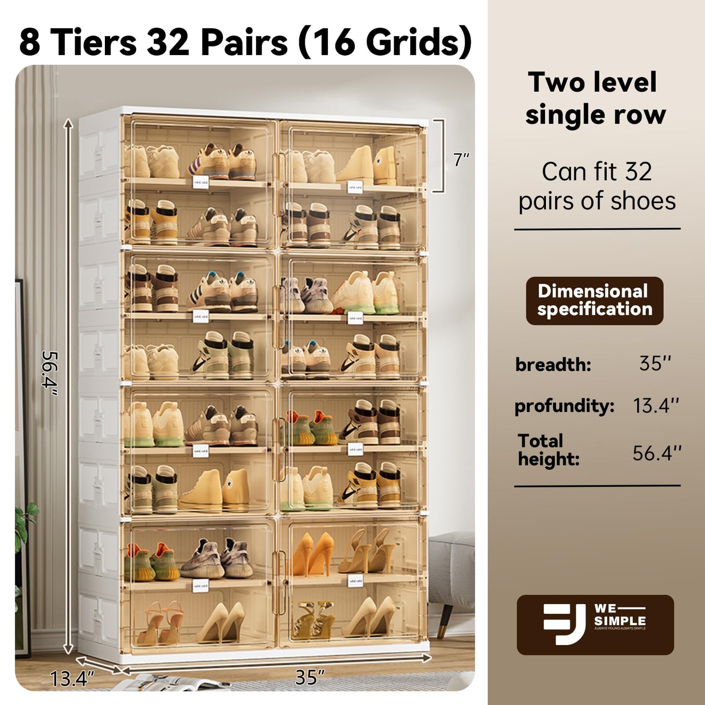 wesimple 32 Pairs Shoes Storage Cabinet of 3-Step Fast Installation,Plastic Shoe Box with Clear Magnetic Door for Display, Shoe Organizer for Sneaker, Sandals, Heels (2 Row, 8 Tier)