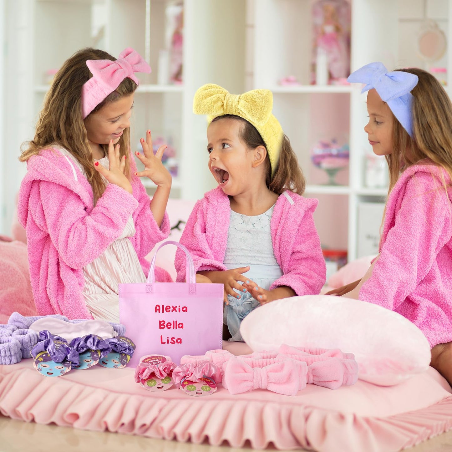 72 Pcs Spa Sleepover Party Supplies for Girls With DIY Stickers And Greeting Card Mix Color Headband Wristbands Eye Mask Hair Scrunchie Tote Bag Sleeping Slumber Party Favors