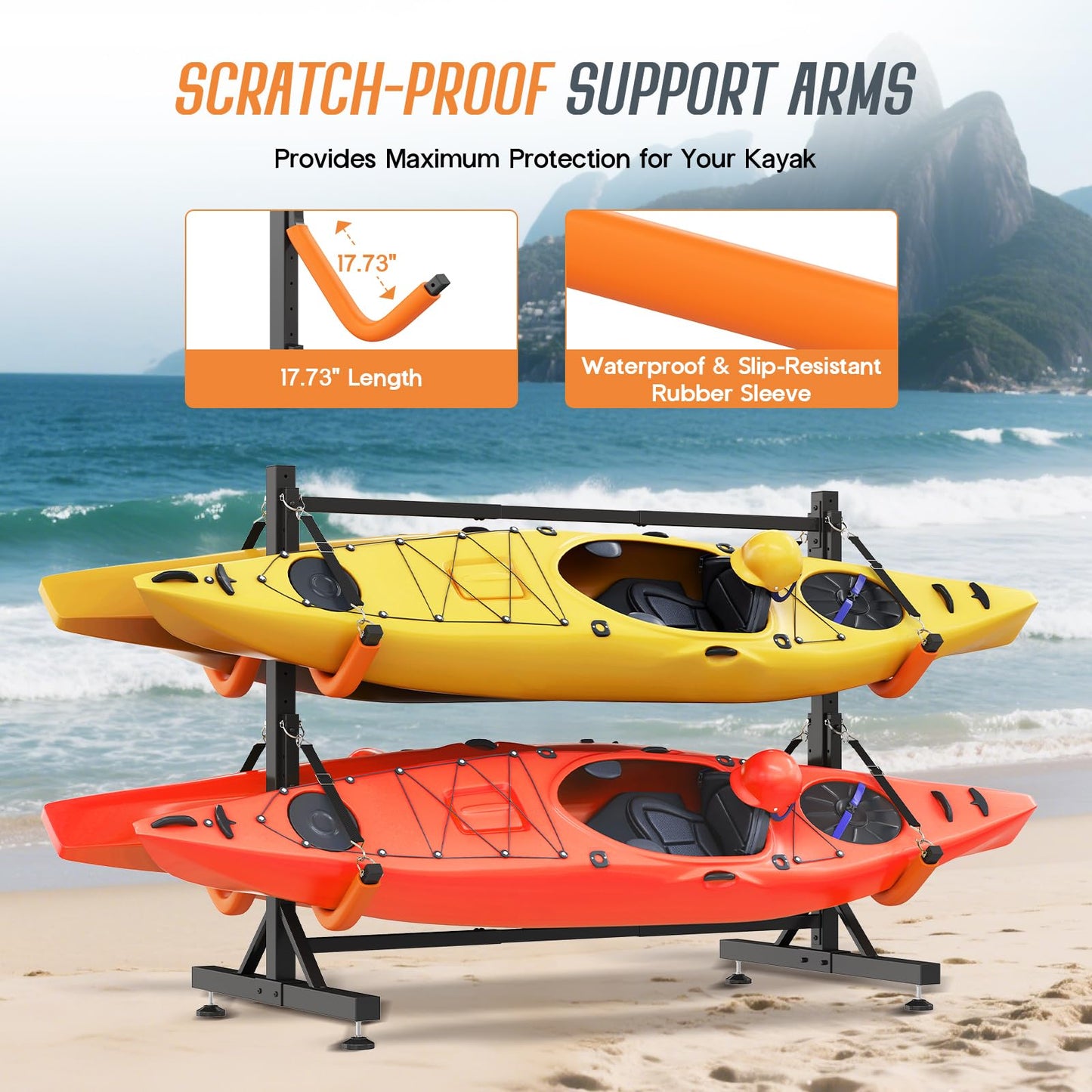 SPECRAFT Freestanding Kayak Storage Rack for 4 Kayaks, Adjustable Width Stand with Stable Base, 8 Elastic Ropes, EVA Tube Sleeves, for Indoor Outdoor Garage
