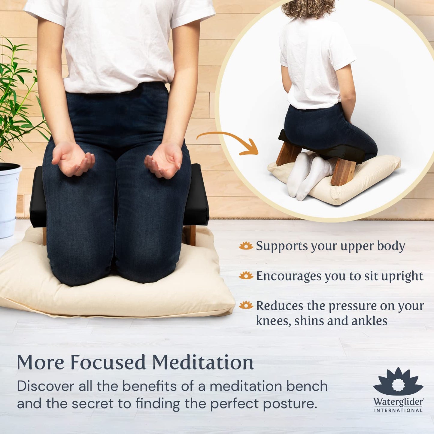 Waterglider International Meditation Bench (Zen Black), Seiza, Sustainable Acacia Wood with Curved Bottom Edges for The Perfect Posture, Meditation Stool, Prayer Bench, Meditation Chair, Yoga Stool