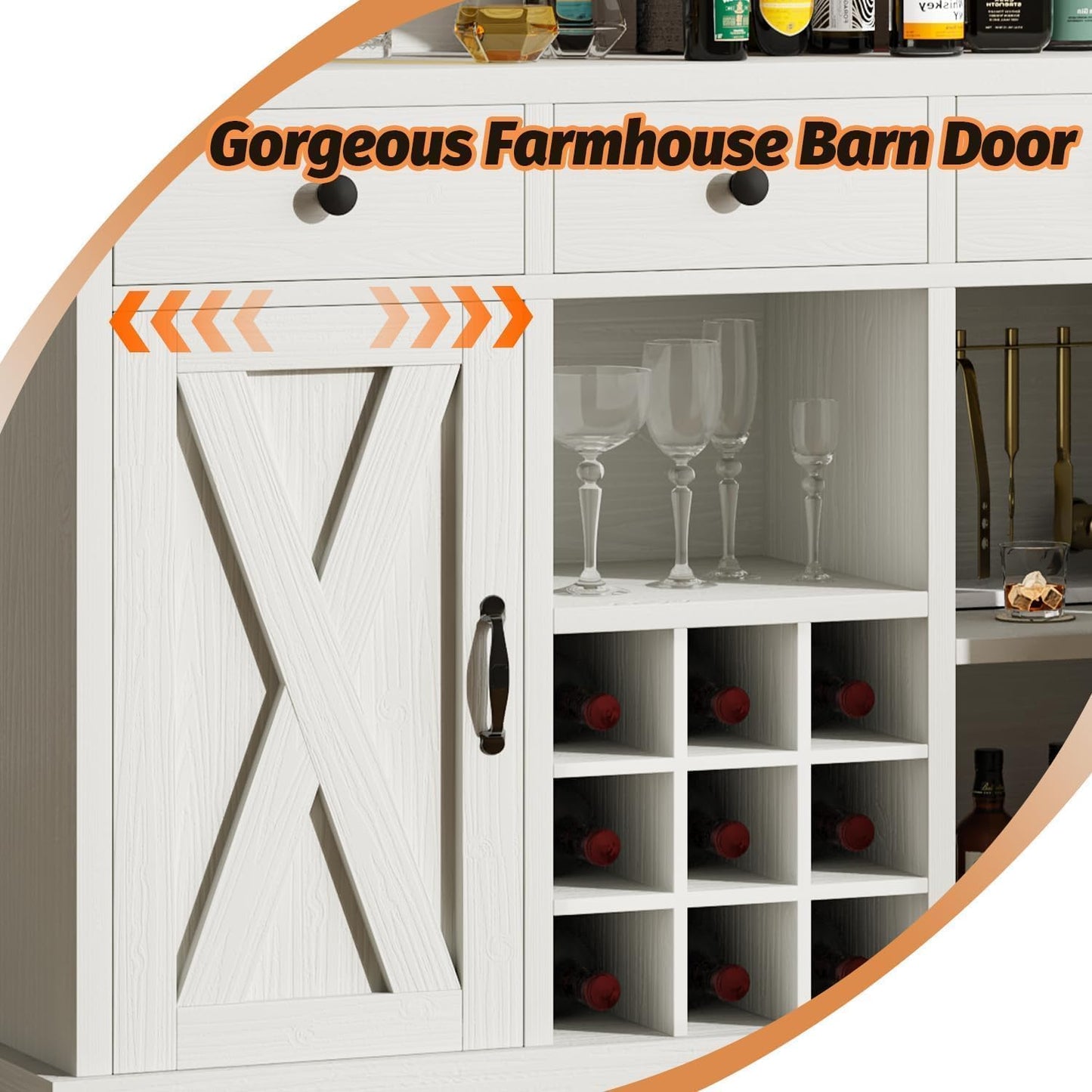 52 Inch Large Home Bar Unit with Foot Rail, 4-Tier Storage Bar Table with 3 Drawers, Farmhouse Wine Bar Cabinet with 9 Wine Rack & 2 Barn Doors, Home Bar Unit with Storage for Living Room, White