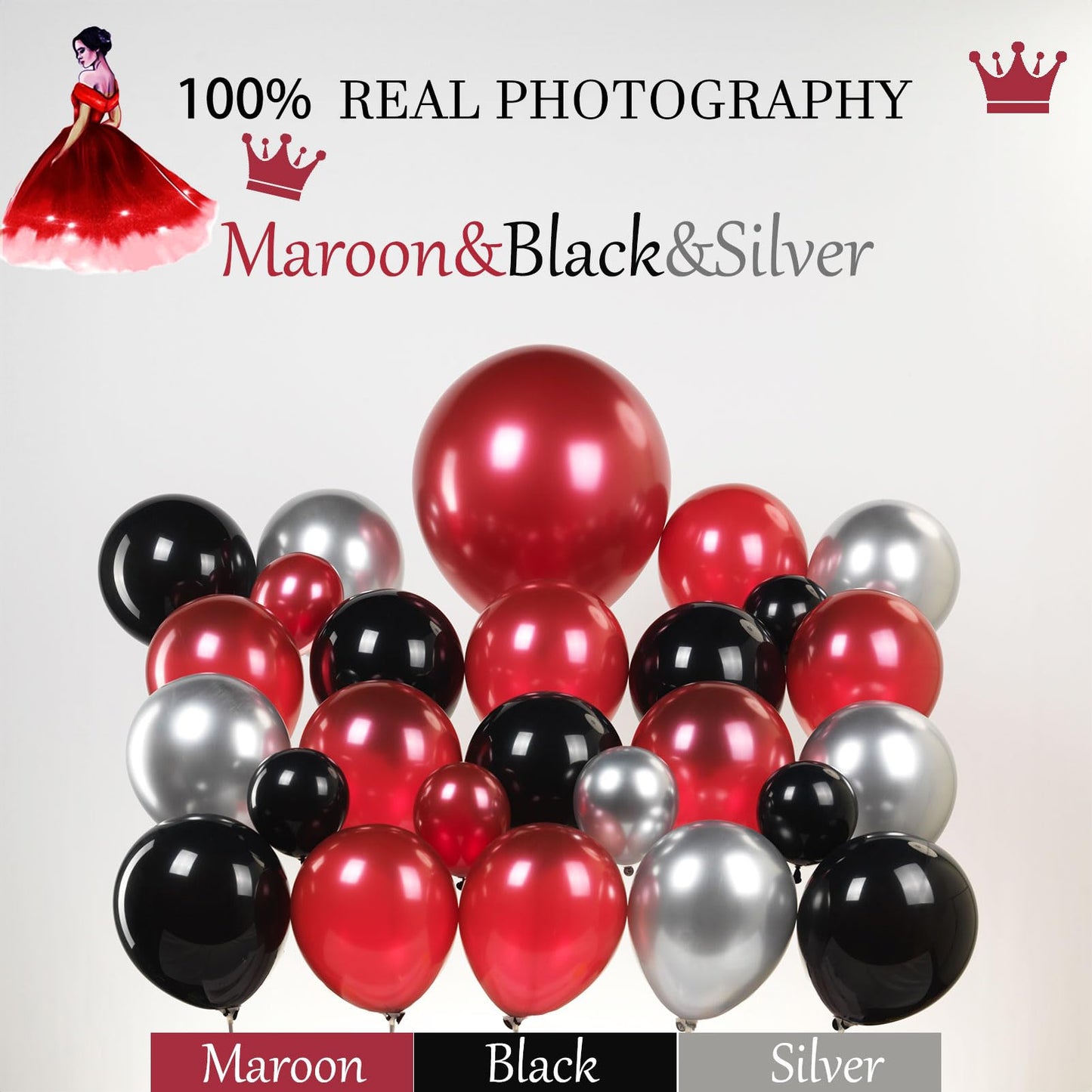 yeewaka Burgundy and black silver balloon garland arch kit 160pcs Maroon black balloons for graduation class of 2025 Prom Wedding Birthday baby shower party decorations