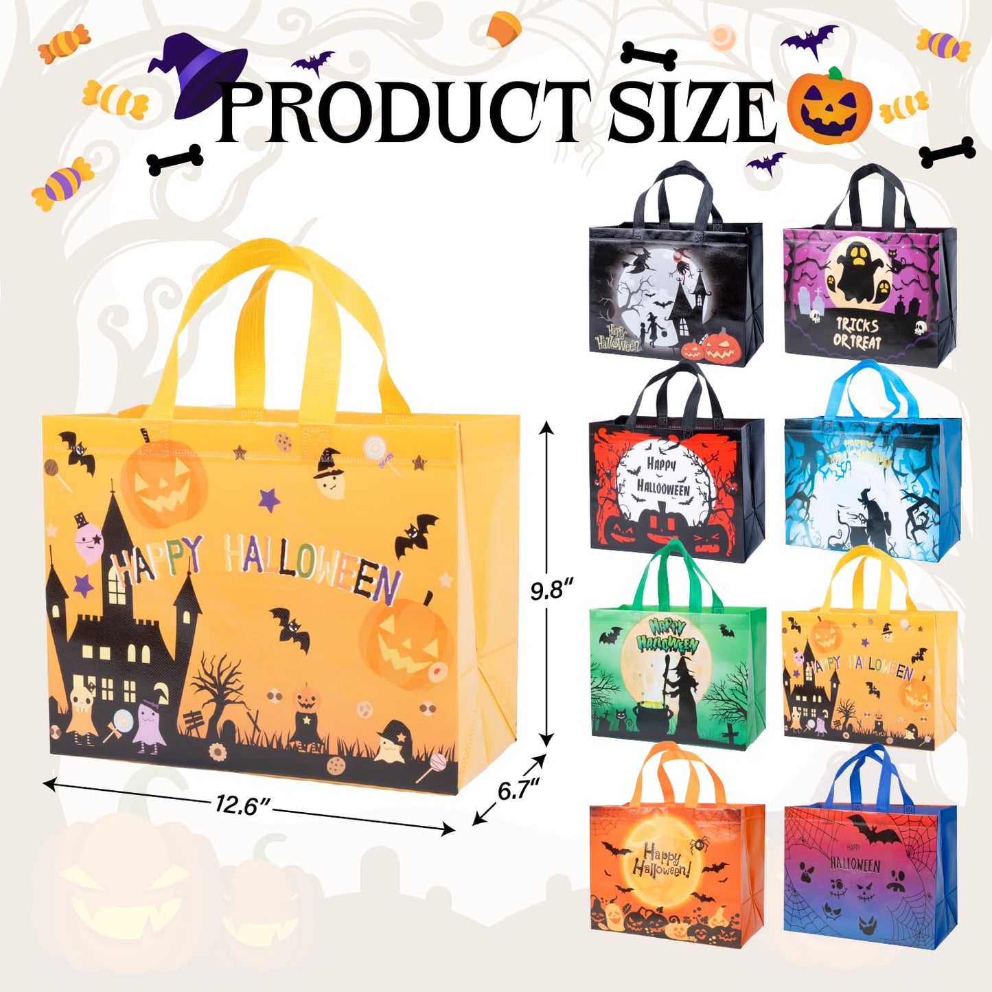 XiaosRen 8Pcs Multifunctional Non-Woven Tote Bags with Handles, Large Reusable Happy Halloween Bags for Gifts, Party Supplies, 12.6x10x6.7