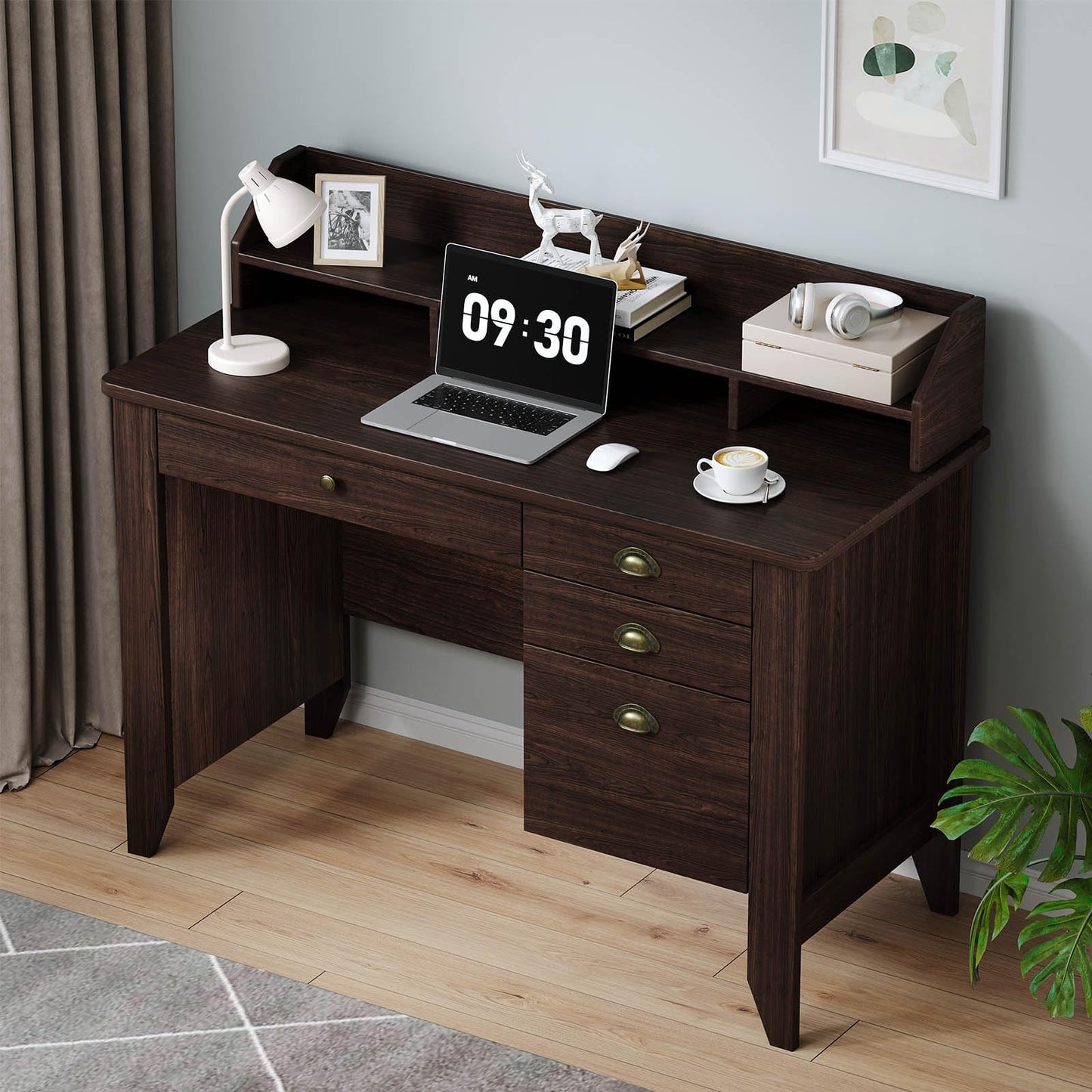 4 EVER WINNER Small Desk with Drawers, Wood Desk with Monitor Stand, Computer Desks with File Drawer, Small Spaces, Espresso