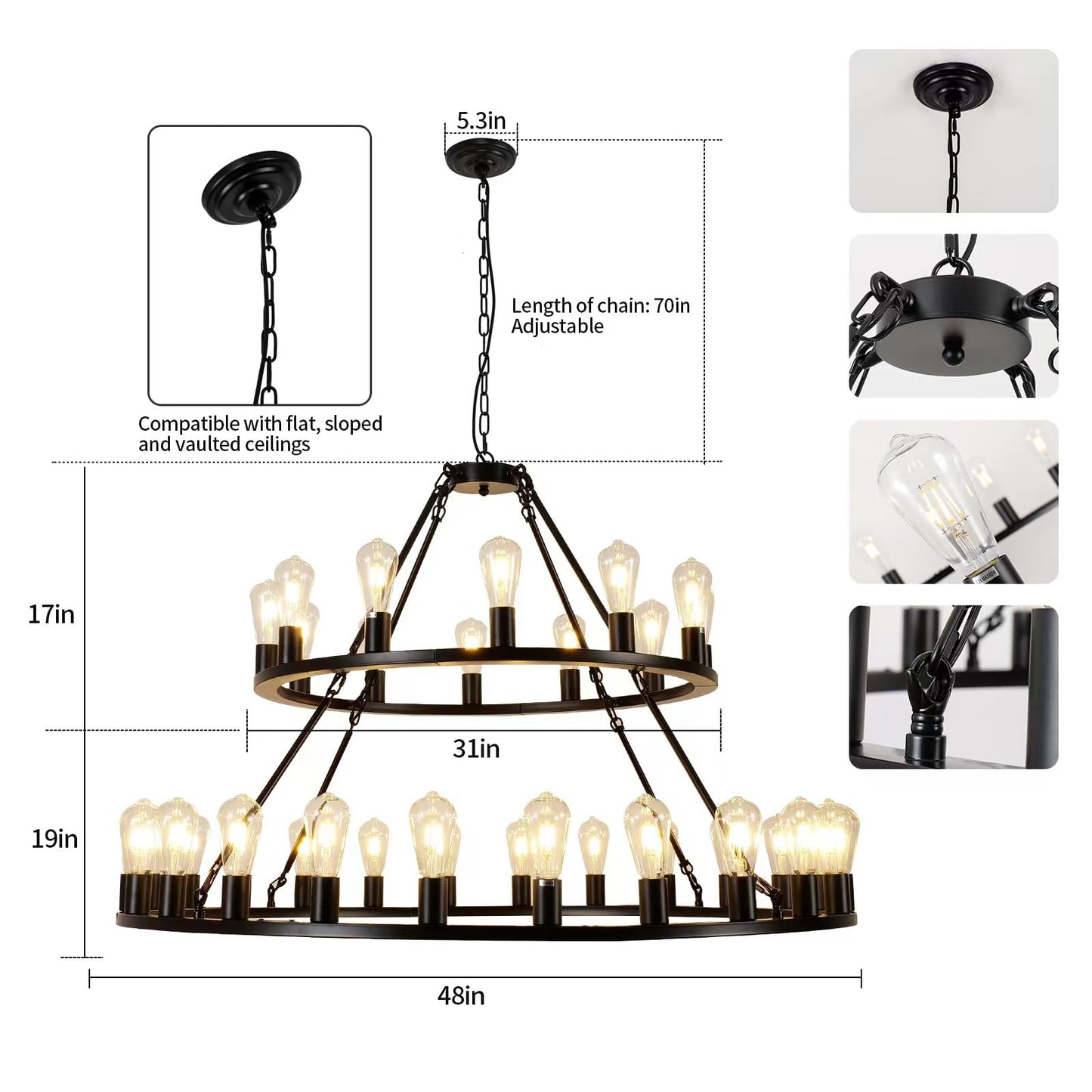 WOGON WEEL Wagon Wheel Chandelier 2 Tier 48-Inch 36-Light, Farmhouse Industrial Chandelier Black Rustic Pendant Light Fixture Extra Large for High Ceilings, Living Room Foyer