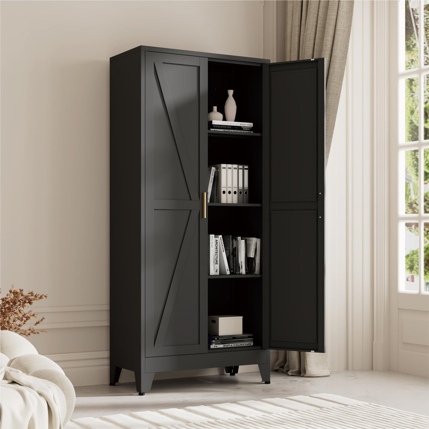 61" Kitchen Pantry Cabinet, Farmhouse Metal Storage Cabinet with 2 Doors and 3 Adjustable Shelves, Metal Pantry Closet Cabinets for Kitchen Bathroom, Home Office, Living Room