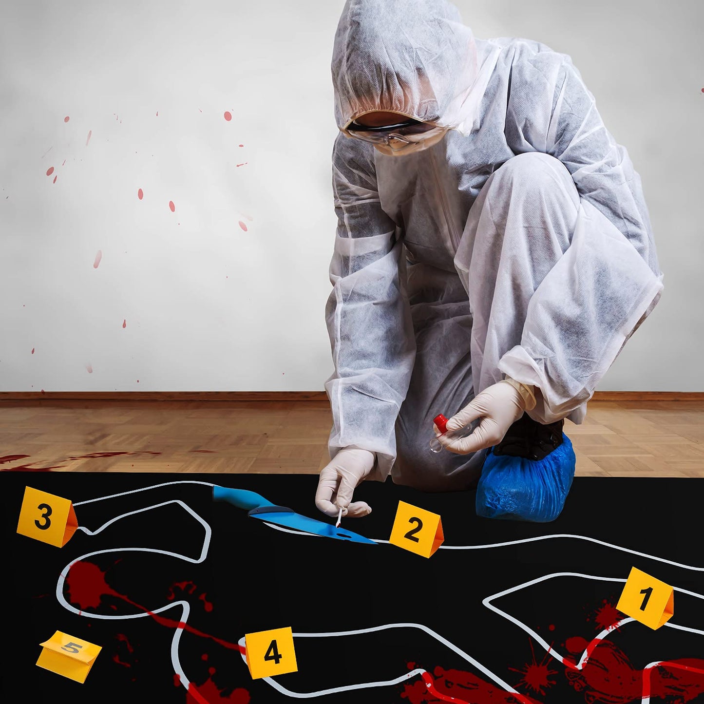 8 Pieces Crime Scene Decorations Including Body Silhouette Caution Barricade Tape Evidence Markers and Bloody Footprint Sticker Evidence Party Decorations for Halloween Home Wall