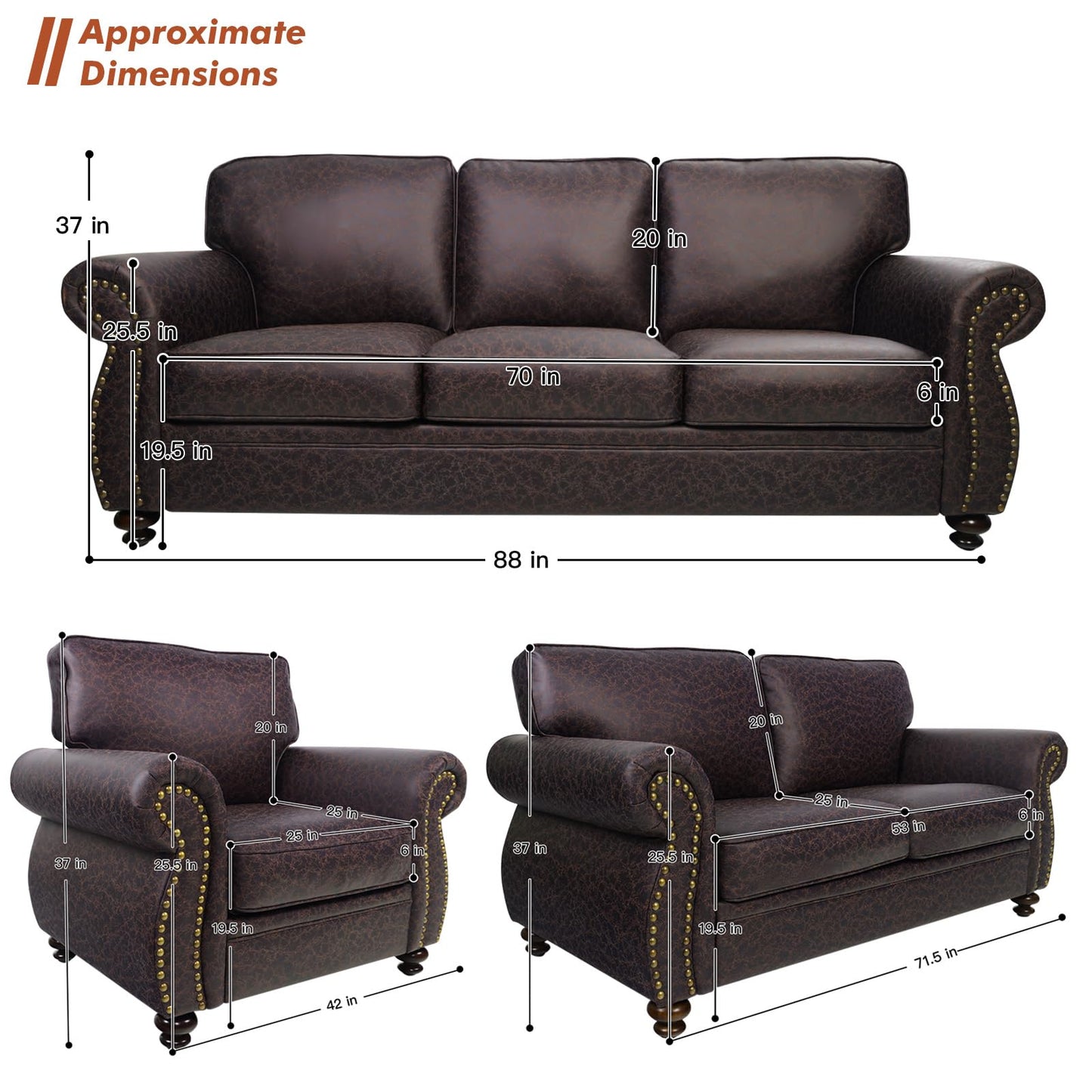 88’’ Rivet Couch,Living Room Sets,Mid-Century Couch, Solid Wooden Frame for Living Room,Upholstered Sofa (Brown, Single+3 Seater)