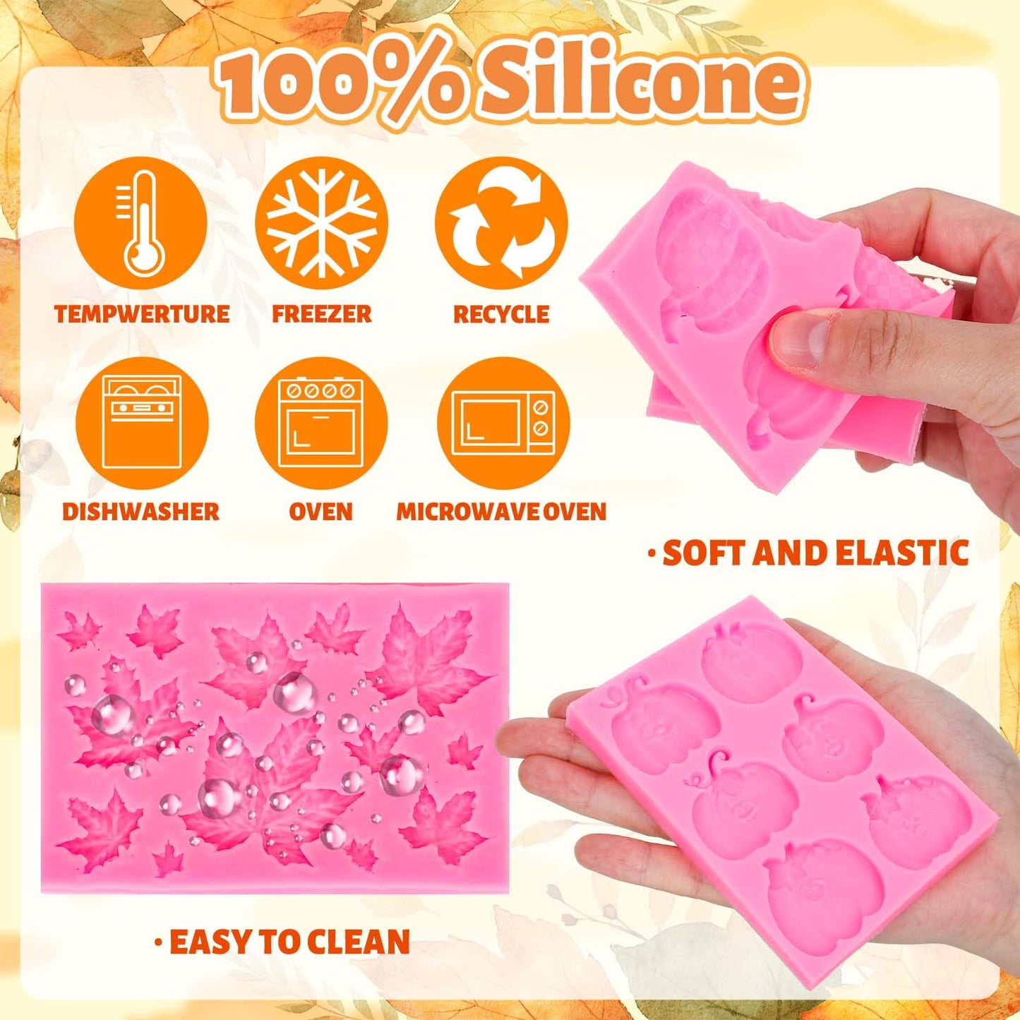 Whaline 3 Packs Fall Thanksgiving Fondant Molds Pumpkin Maple Leaves Silicone Molds Autumn Chocolate Candy Mould for Kitchen Party Baking Sugar Craft Gum Resin Clay Decor Supplies