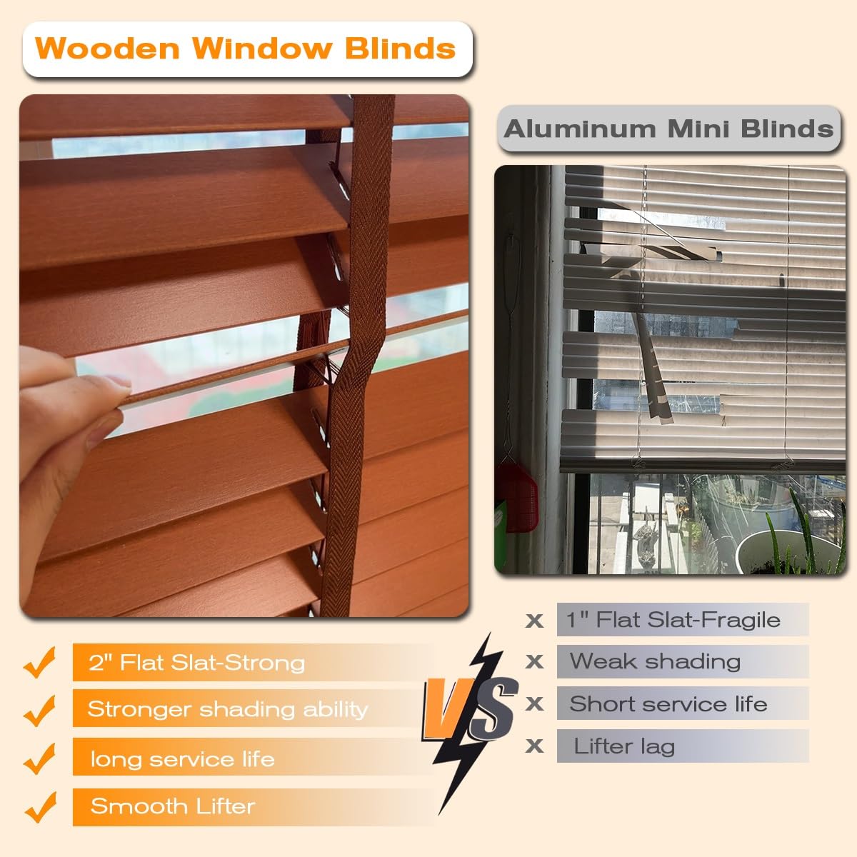 2" Slats Faux Wood Blinds, Room Darkening Cordless Horizontal Blinds Shades, Privacy Blackout Wooden Blinds for for Indoor Windows, Home, Office, Bedroom, Bathroom, Living Room