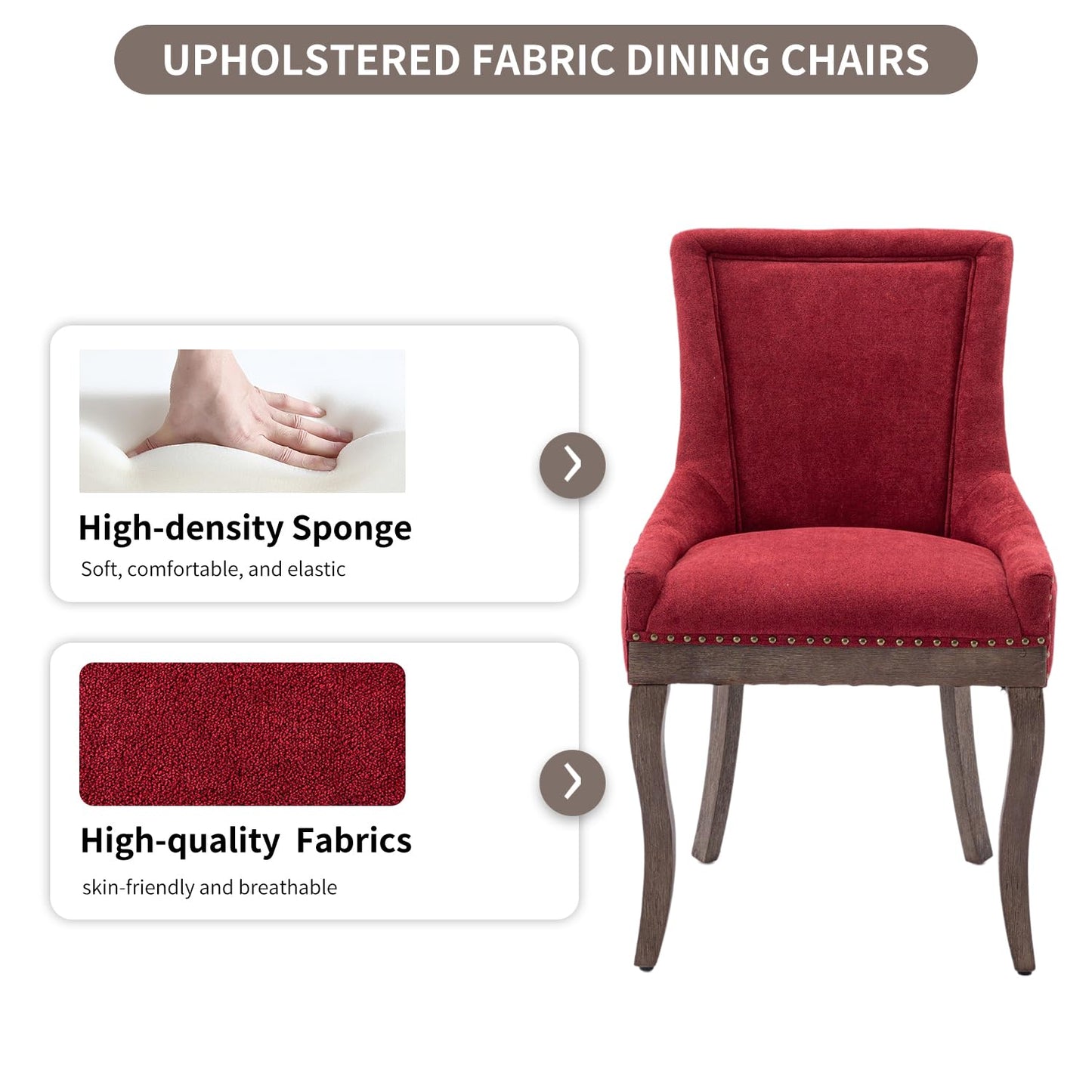 Yayzy Modern Dining Chairs Set of 4, Upholstered Fabric High Back Dining Chairs with Nailhead Trim & Solid Wood Legs for Dining Room & Kitchen, Wine Red