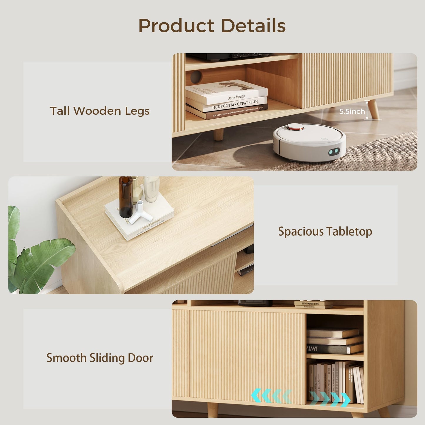 55'' TV Stand for 65 Inch, Fluted Modern TV Stands for Living Room with Sliding Doors and Adjustable Shelf, Entertainment Center with Storage Media TV Console Table for Bedroom (Natural Oak)