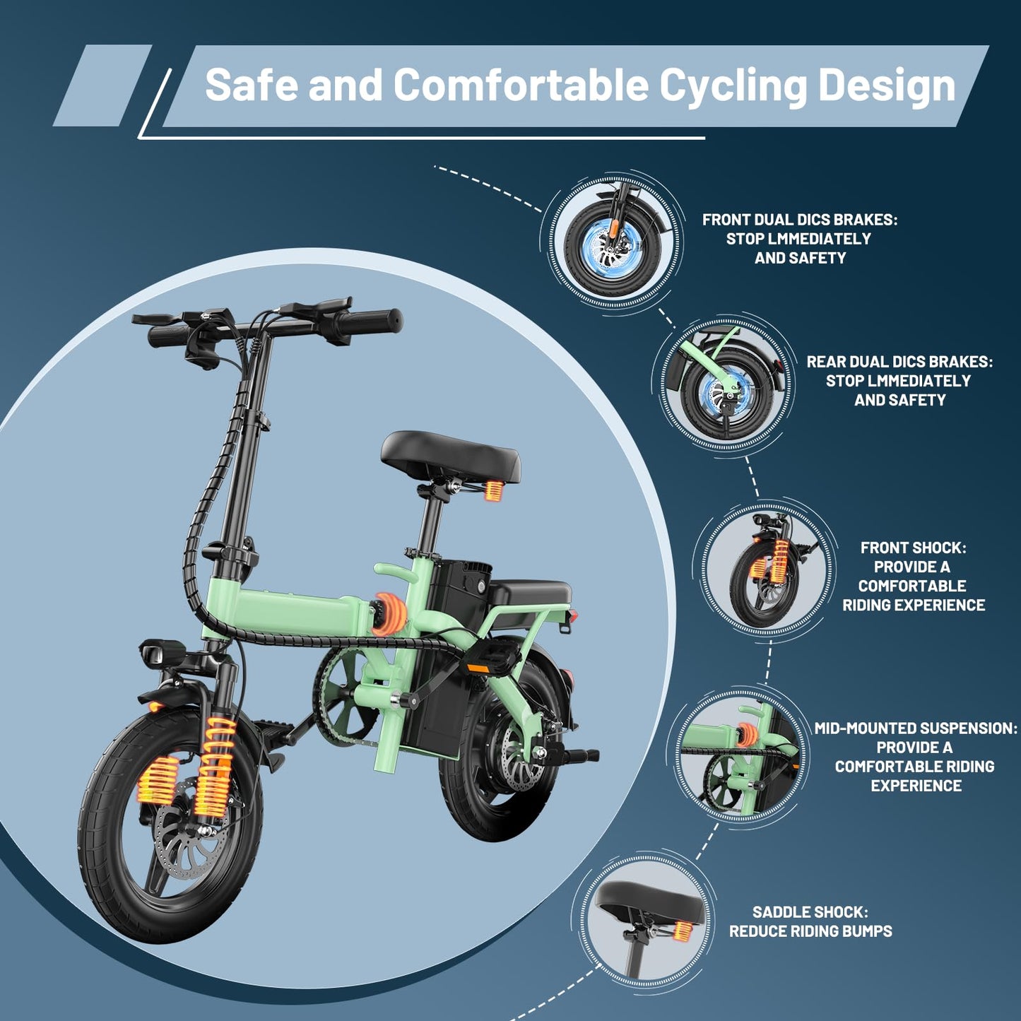 REOCRO Foldable Electric Bike for Adults, 14" Folding E-Bike with 500W Motor, Electric Bicycle with 48V Removable Battery UL 2849 Certified, Electric Commuter Bikes with 25 Miles PAS Range (Green)