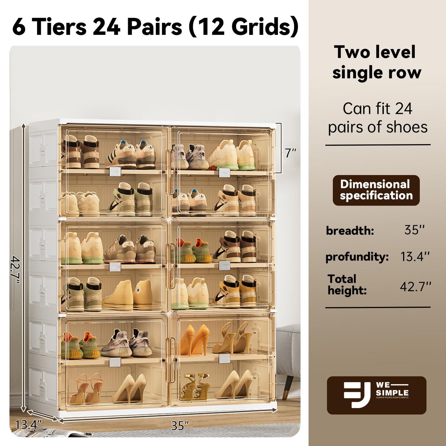 wesimple 24 Pairs Shoes Storage Cabinet of 3-Step Fast Installation,Plastic Shoe Box with Clear Magnetic Door for Display, Shoe Organizer for Sneaker, Sandals, Heels (2 Row, 6 Tier)