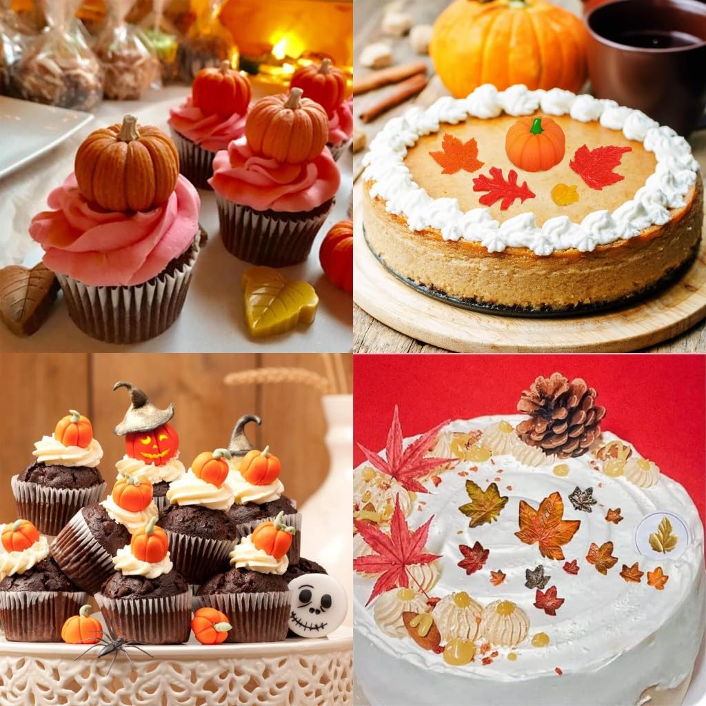 4Pcs 3D Pumpkin Silicone Mold Fall Thanksgiving Theme Silicone Mold Pumpkin Maple Leaves Fondant Molds for Autumn Harvest Making Cupcake Chocolate Cookie Candy Cake Decoration