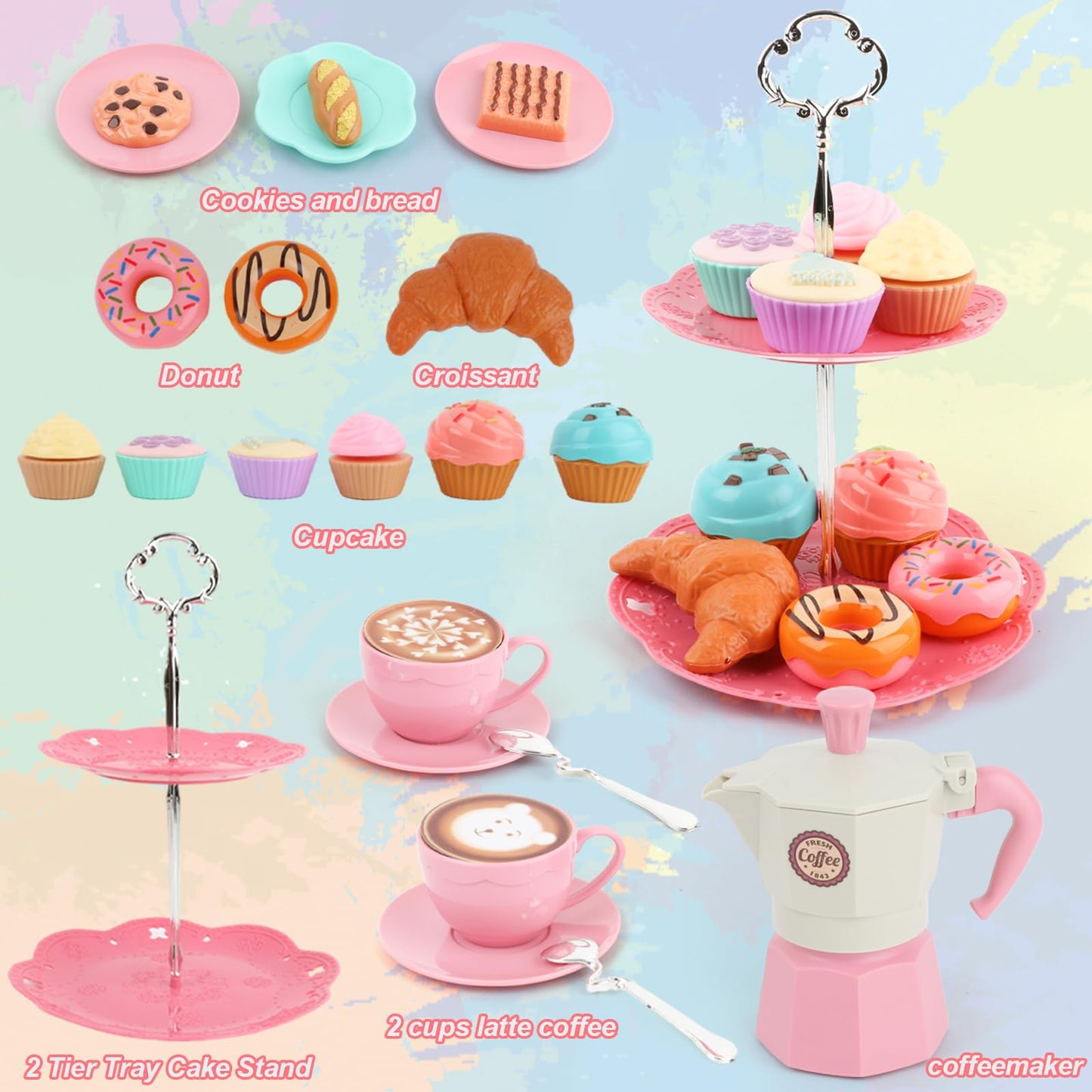 Viwulute Afternoon Tea Toys Set Pretend Play Food Toys for Toddler Girls, Party Tea Playset Toy Gifts for 3 4 5 6 Year Old Girl Boy Kids Toddlers