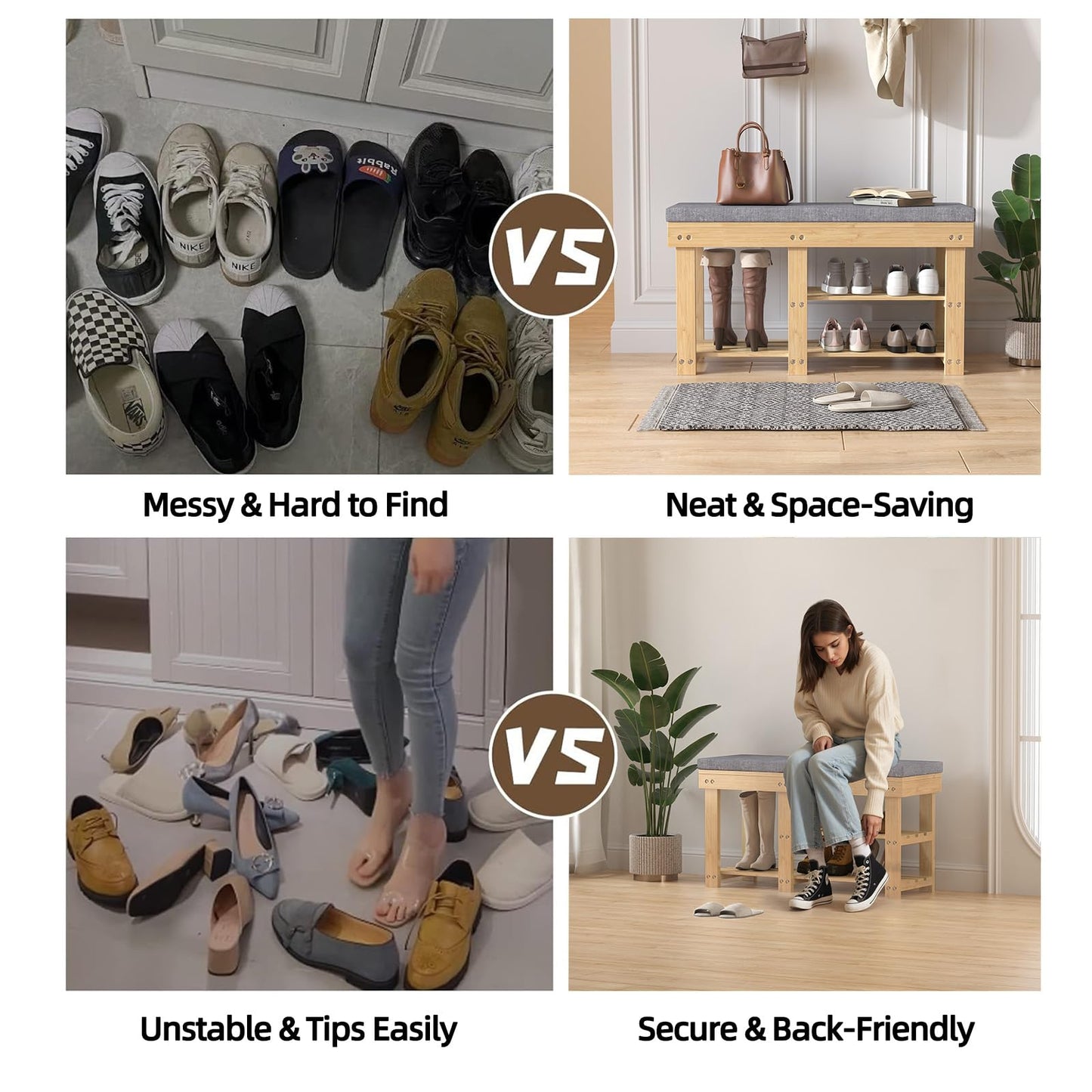Xdwwhome Bamboo Shoe Bench, 2 Tier Storage Benches with Seat, Shoe Shelf with Cushion, Modern Entryway Bench for Living Room Bedroom Hallway Bathroom Garden, Capacity 330 lbs, Natural