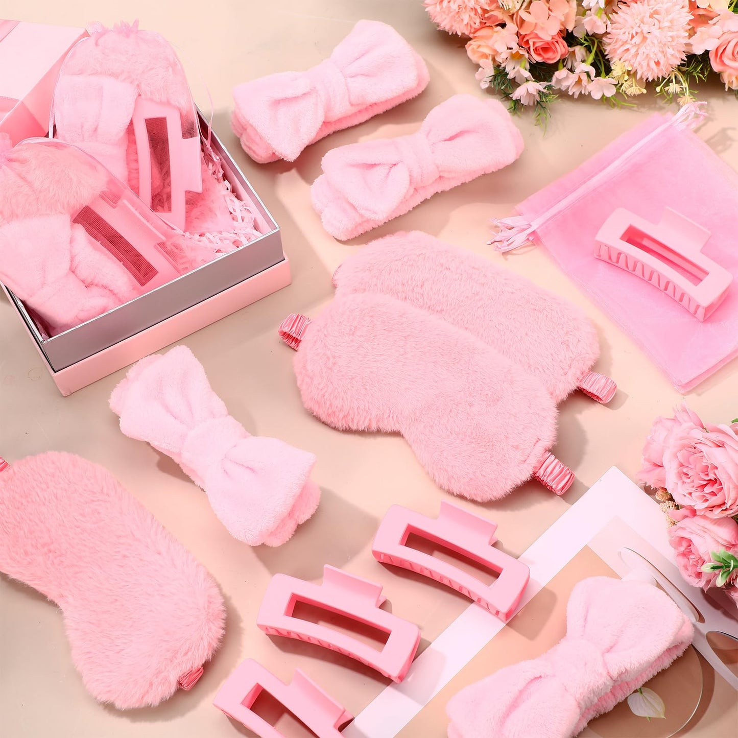 Wavyknot 48 Pcs Spa Party Supplies Sleep over Essentials 12 Pink Spa Headband 12 Pink Plush Sleep Eye Mask 12 Claw Clips 12 Organza Bags for Slumber Party Gift