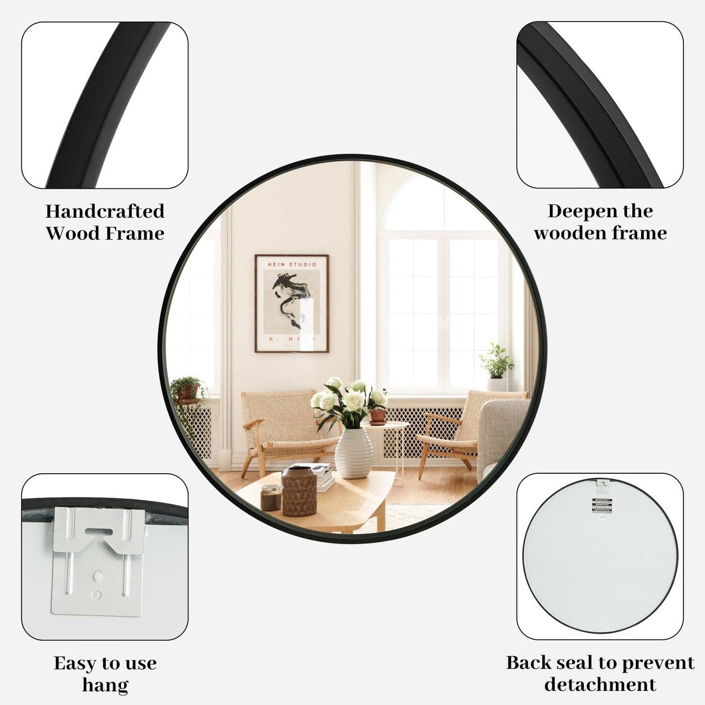 WallBeyond Round Wood Mirror, 32" Round Modern Decoration Large Circle Wall Mirror for Bathroom Living Room Bedroom Entryway, Black