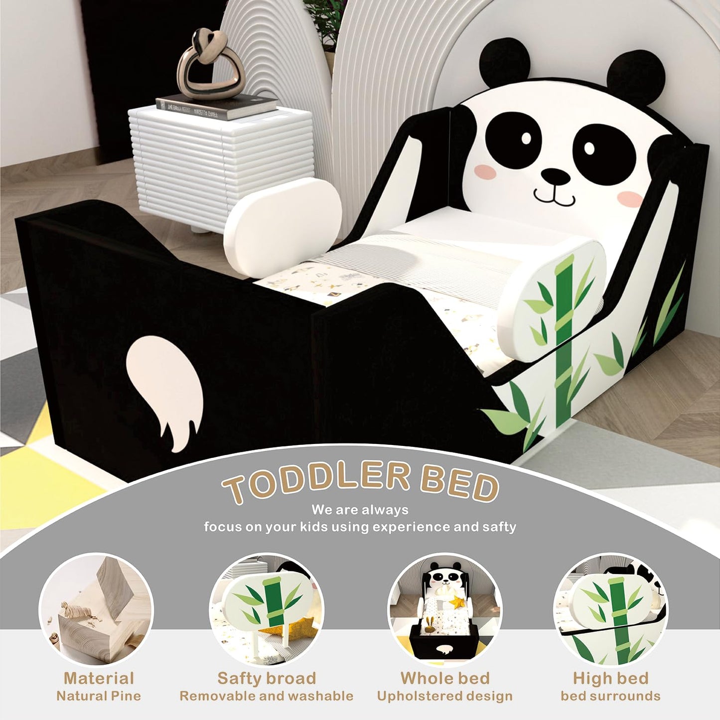 weeonekids Toddler Beds, Child Beds for Kids with Extra Safty Broad, Standard Crib Size Animal Toddler Bed, Certified Fabric Toddler Beds,Toddler Floor Beds (Panda)