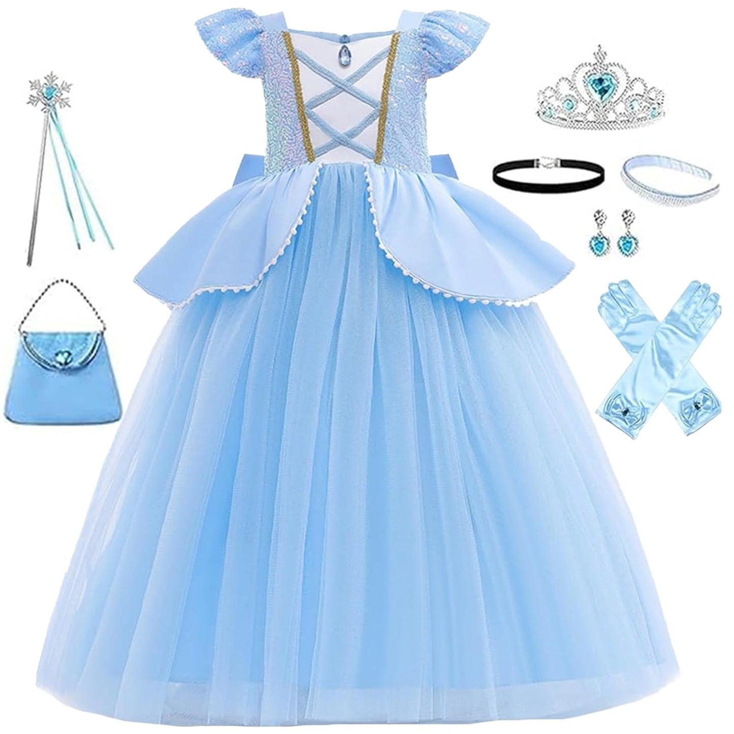 WYB Girls Princess Costume Dresses Blue Princess Dress Up Clothes with Accessories for Halloween Cosplay Carnival Party (5-6 years)