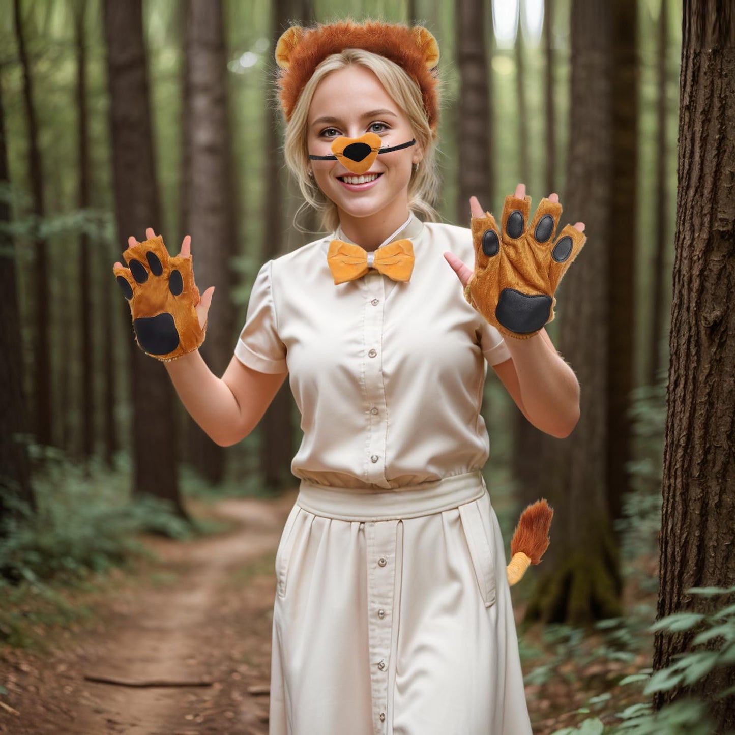 6Pcs Lion Costume Lion Ears Headband and Tail Set Nose Bowtie Gloves Halloween Cosplay Accessories Party Supplies for Adults