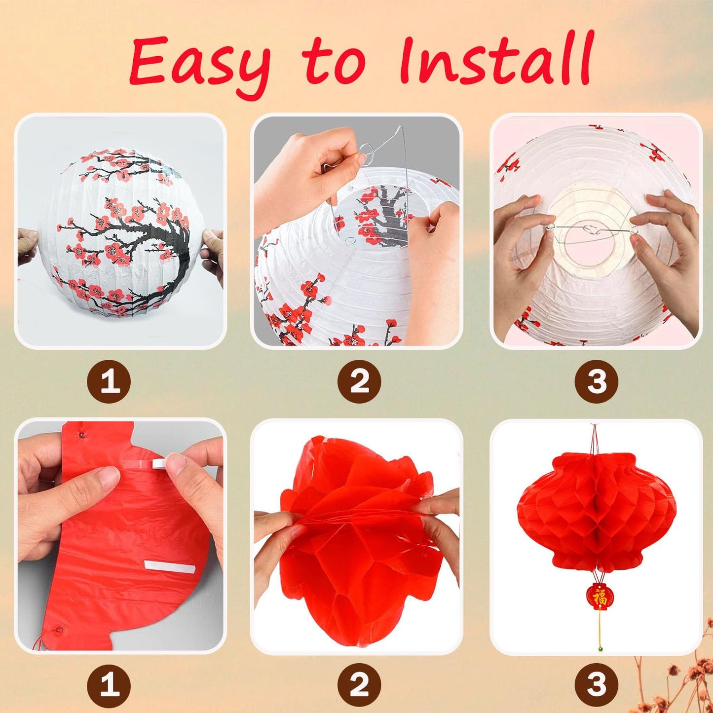 20 Pcs Chinese Japanese Paper Lanterns, Chinese New Year Lantern Decoration, Cherry Blossom Decorative Hanging Lanterns, Spring Festival Cherry Blossom Lanterns Ornaments
