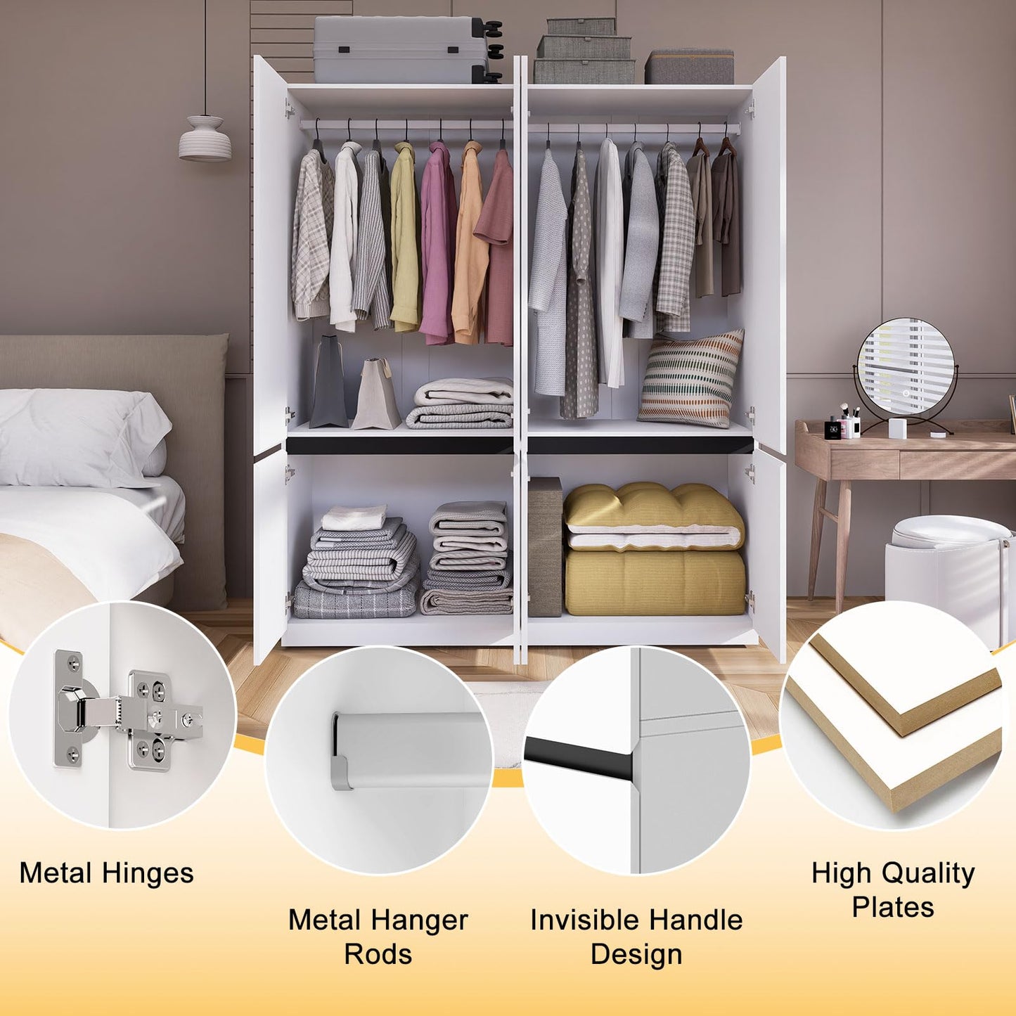 Wakefit 4 Doors Armoire Wardrobe Closet with Mirror, Wooden Bedroom Armoires with Hanging Rod, Freestanding Wardrobe Cabinet for Bedroom, Guest Room, White(20.47" D x 63" W x 74" H)