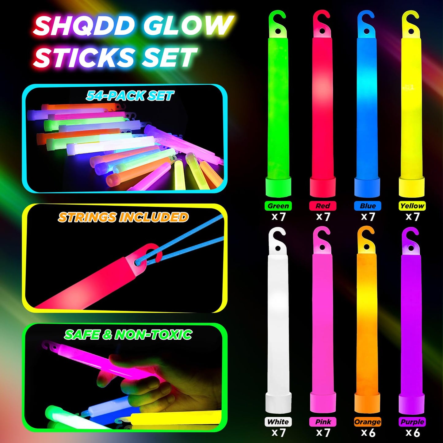54 Pcs Glow Sticks - 4 inch Glow In the Dark Sticks Party Supplies, Waterproof Neon Glow Sticks Lights Bulk Party Pack for Kids with 9 Hours Duration, Party Favors Light Stick for Birthday Parties